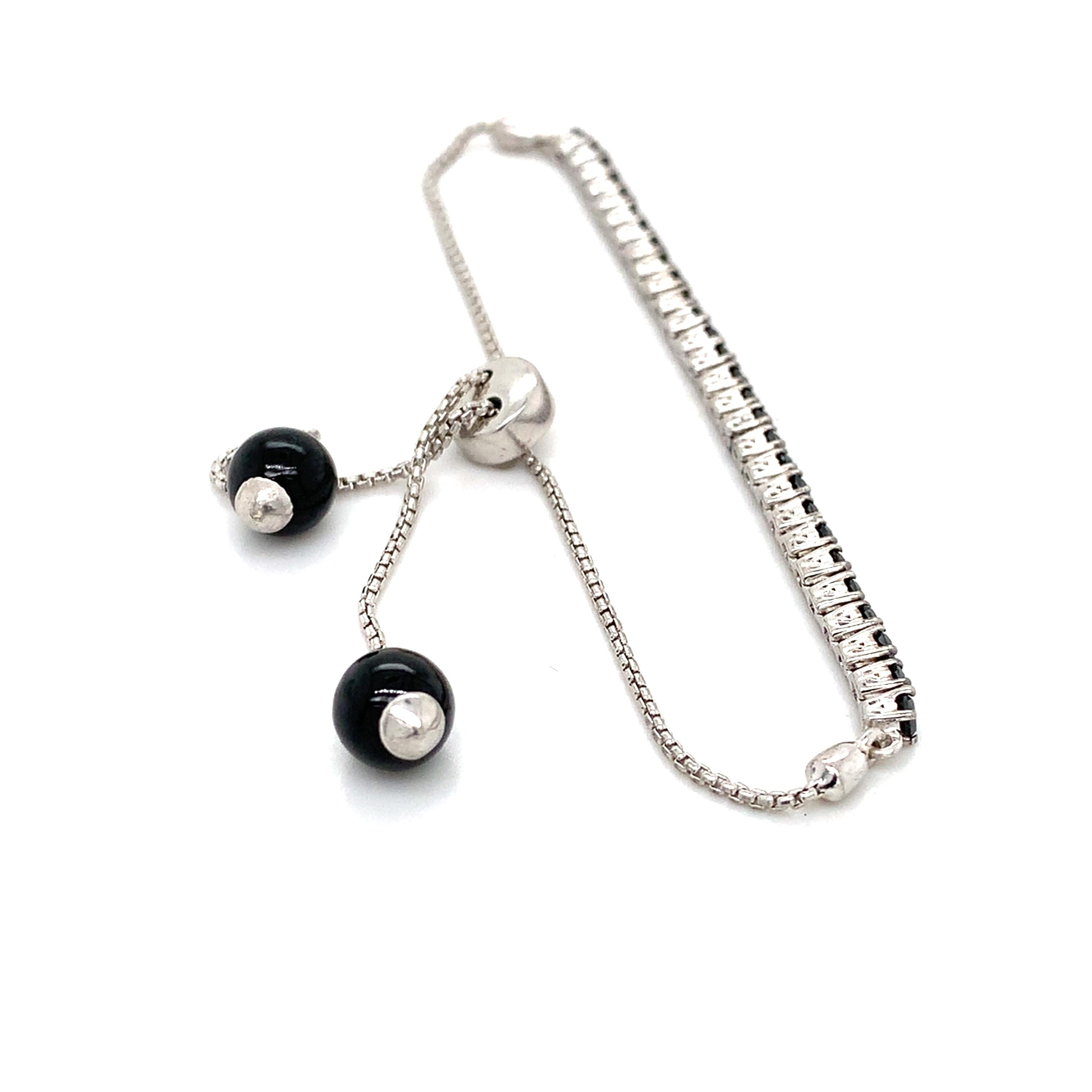 14k White Gold Round Black Diamond And Round Onyx Adjustable Bolo Bracelet
