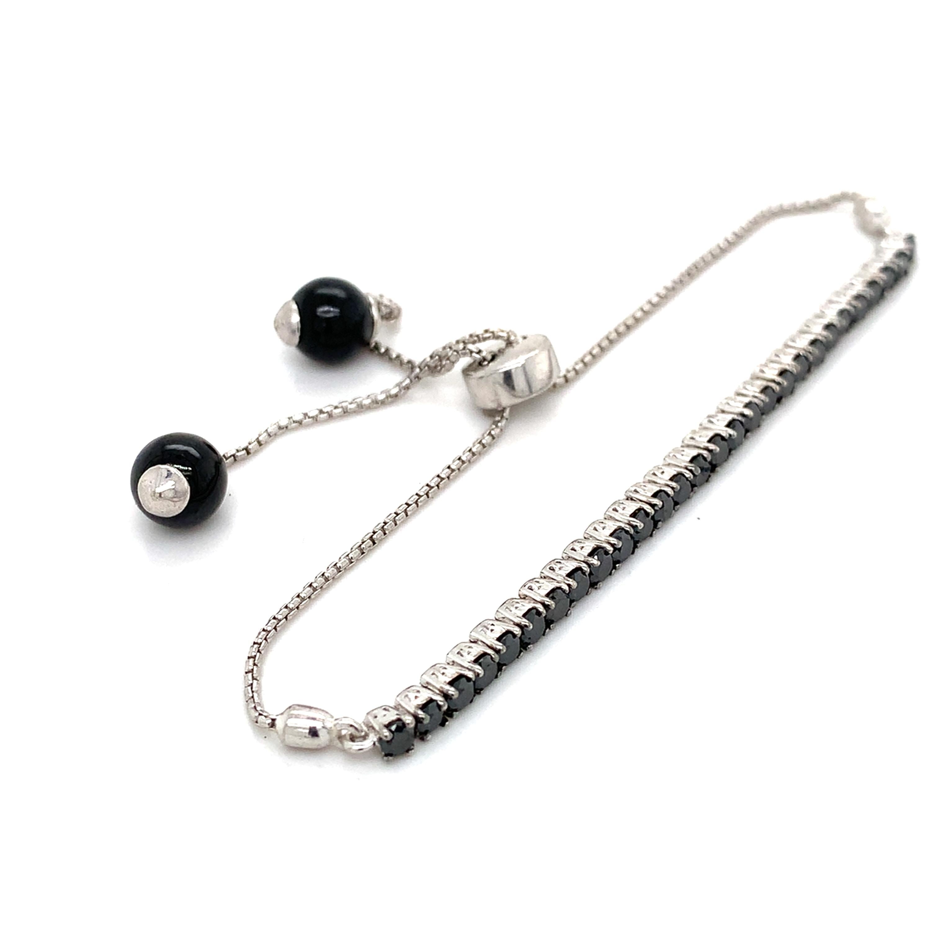 14k White Gold Round Black Diamond And Round Onyx Adjustable Bolo Bracelet