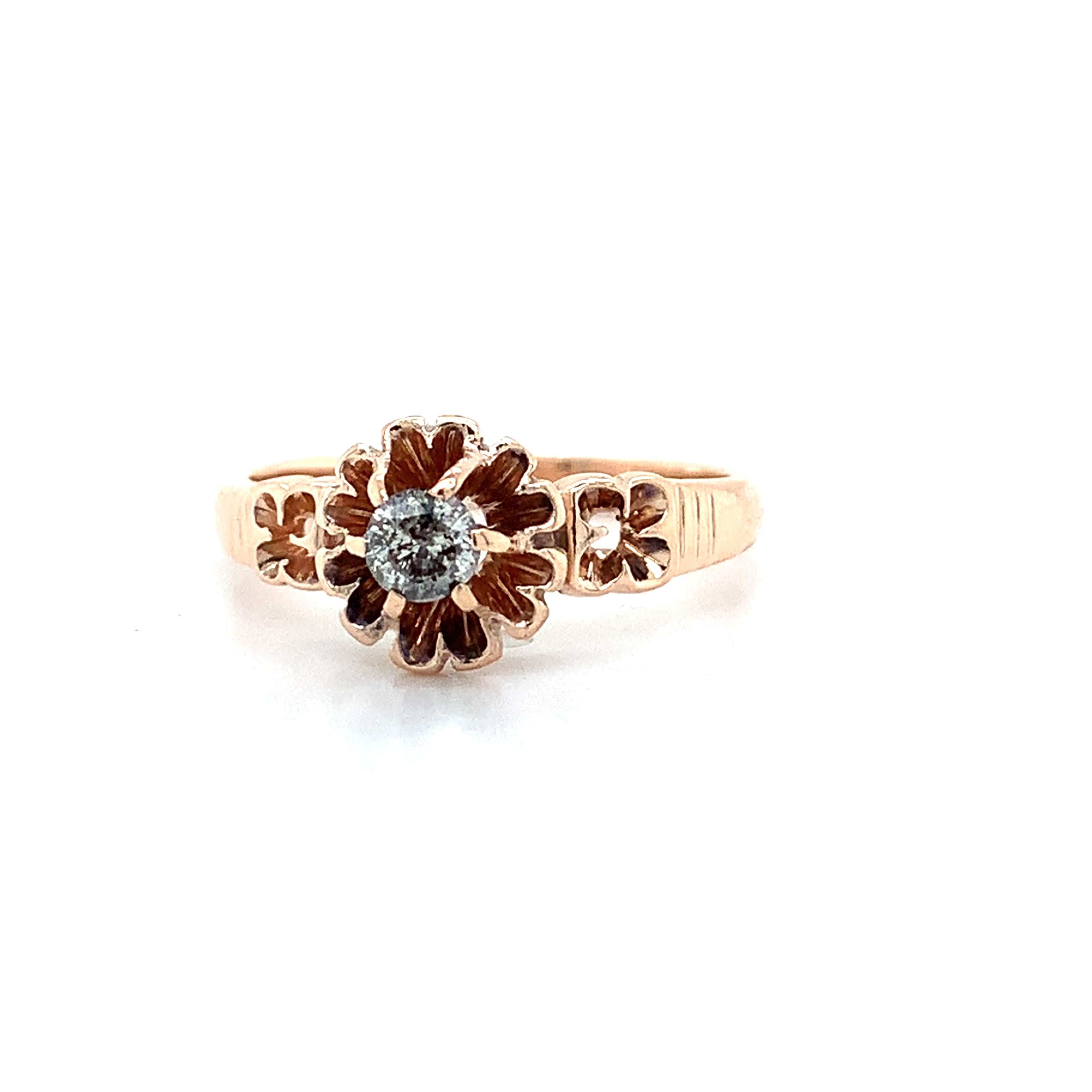Antique 14K Rose Gold Belcher Round Diamond Solitaire Engraved Milgrain Ring