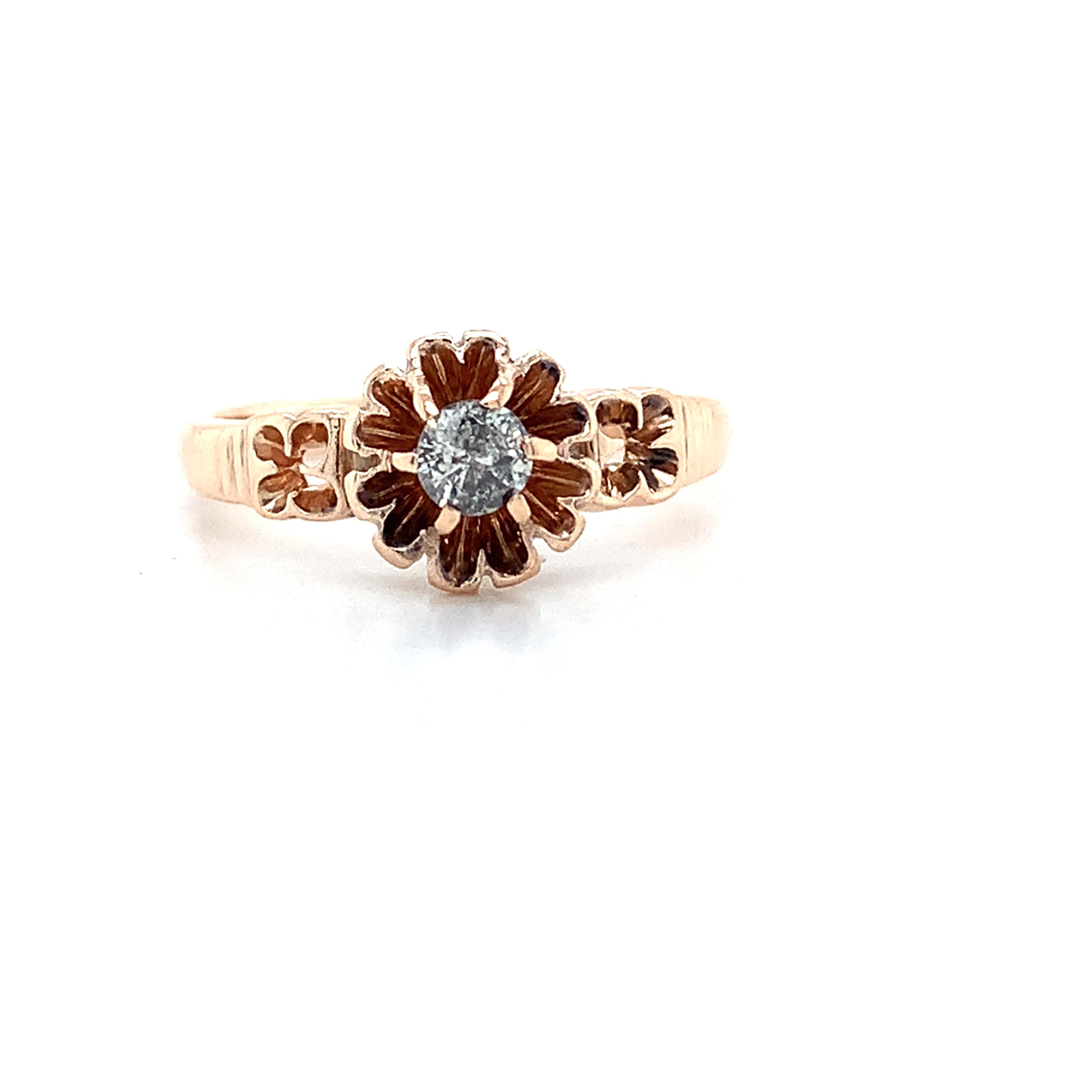 Antique 14K Rose Gold Belcher Round Diamond Solitaire Engraved Milgrain Ring
