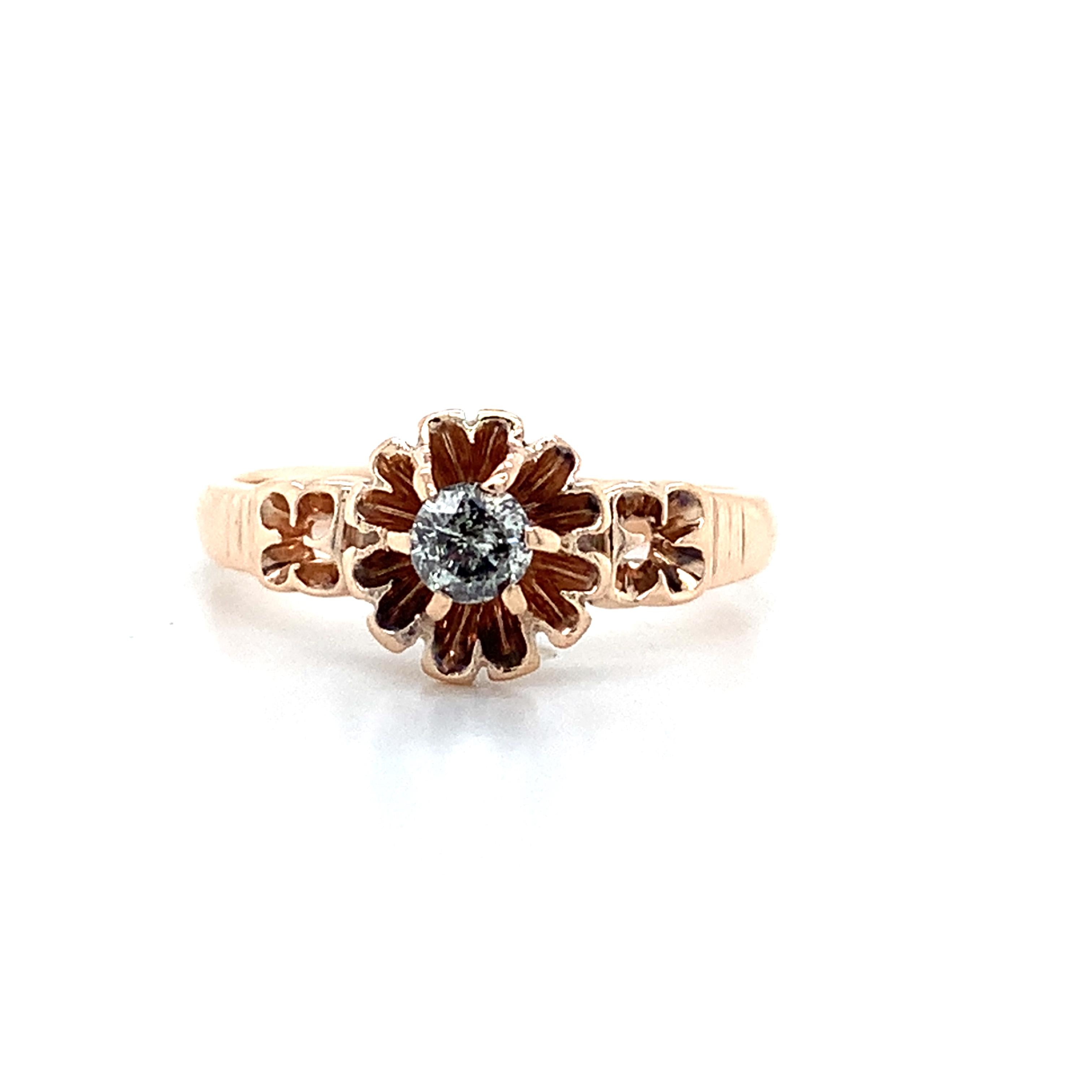 Antique 14K Rose Gold Belcher Round Diamond Solitaire Engraved Milgrain Ring