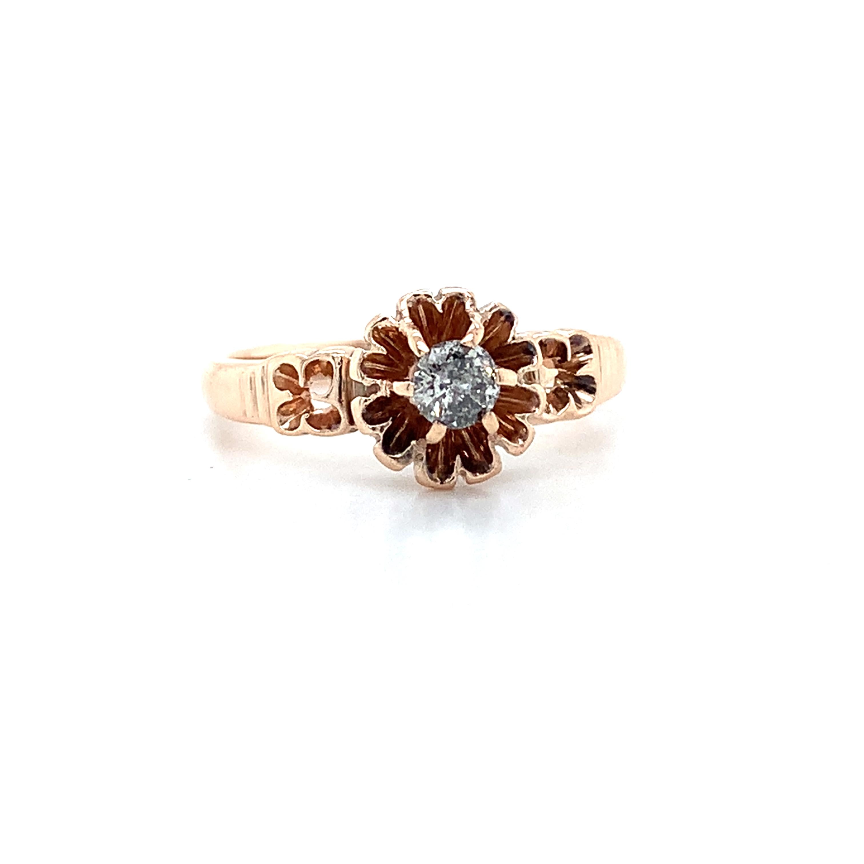Antique 14K Rose Gold Belcher Round Diamond Solitaire Engraved Milgrain Ring