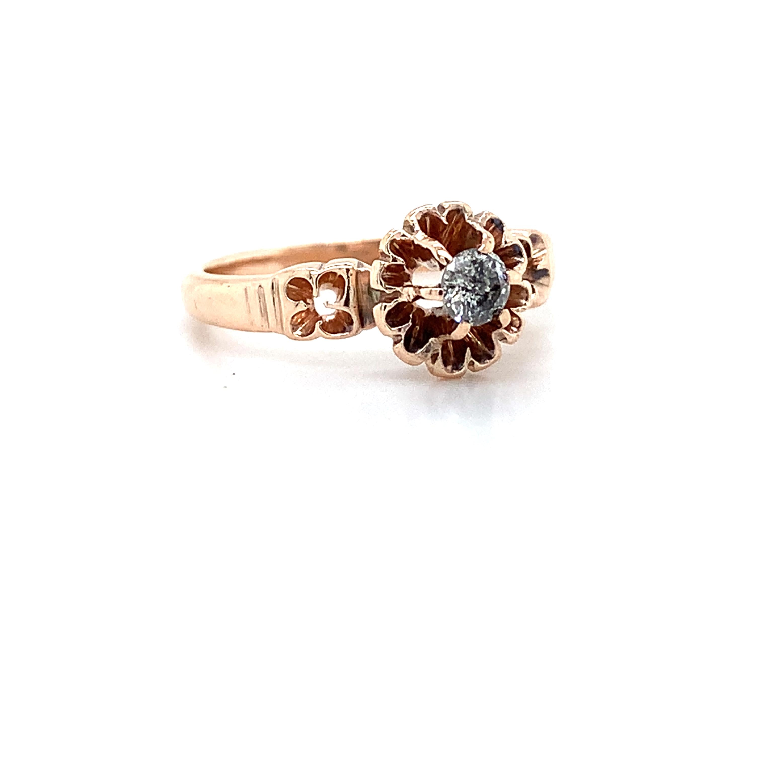Antique 14K Rose Gold Belcher Round Diamond Solitaire Engraved Milgrain Ring
