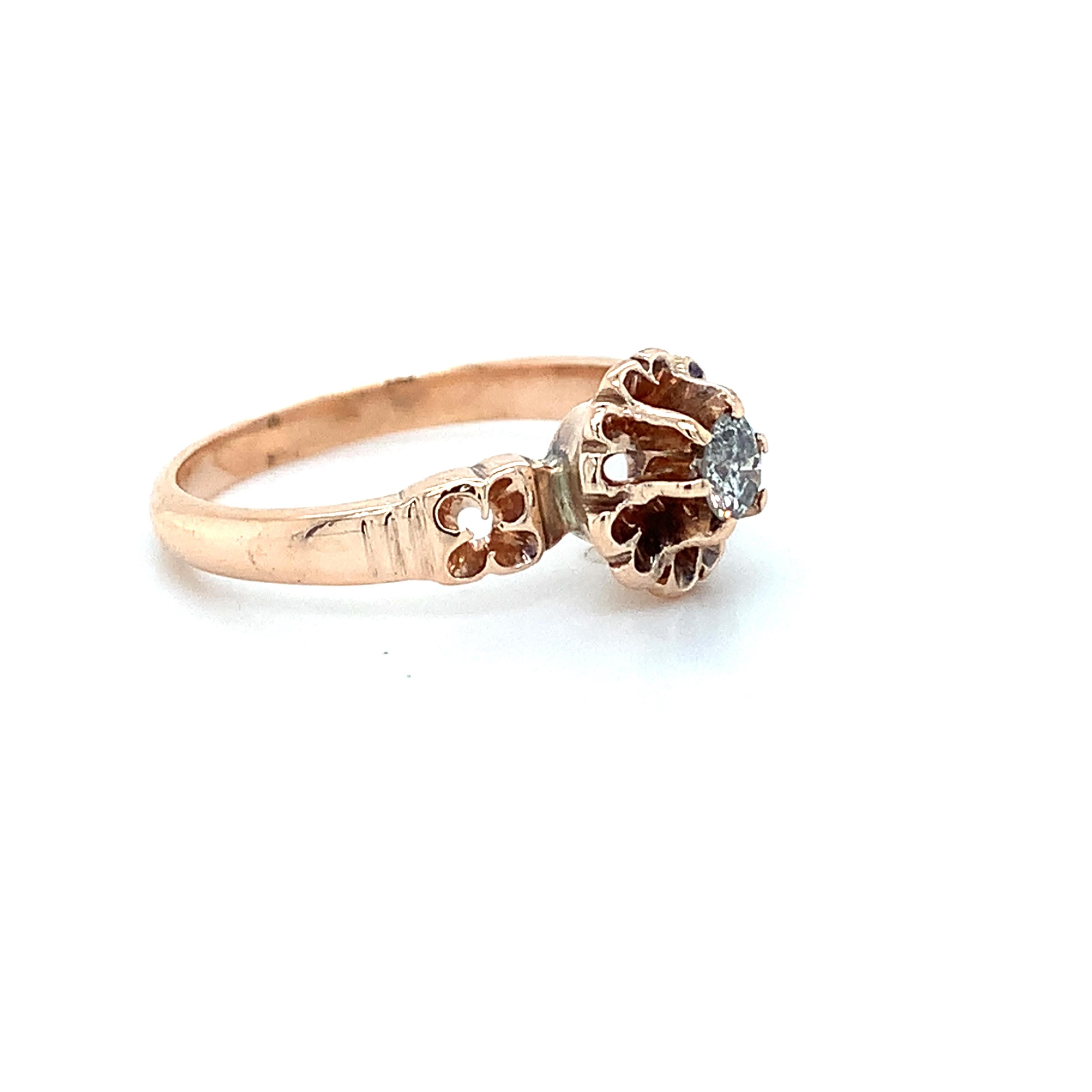 Antique 14K Rose Gold Belcher Round Diamond Solitaire Engraved Milgrain Ring