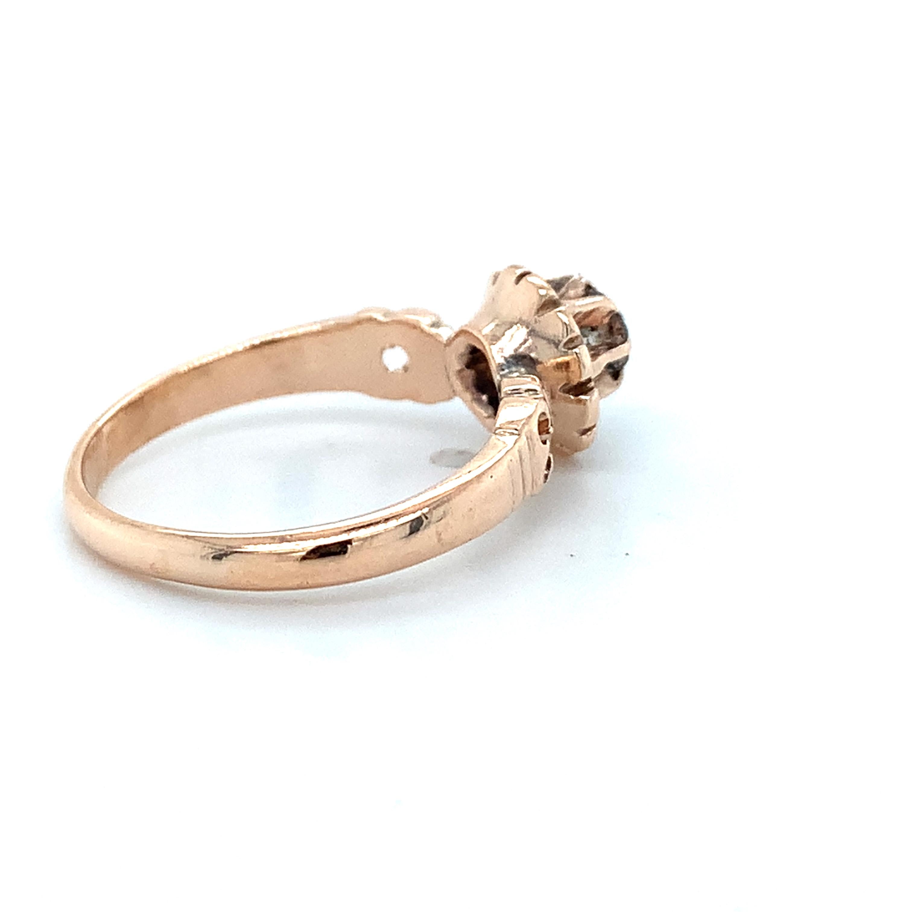 Antique 14K Rose Gold Belcher Round Diamond Solitaire Engraved Milgrain Ring