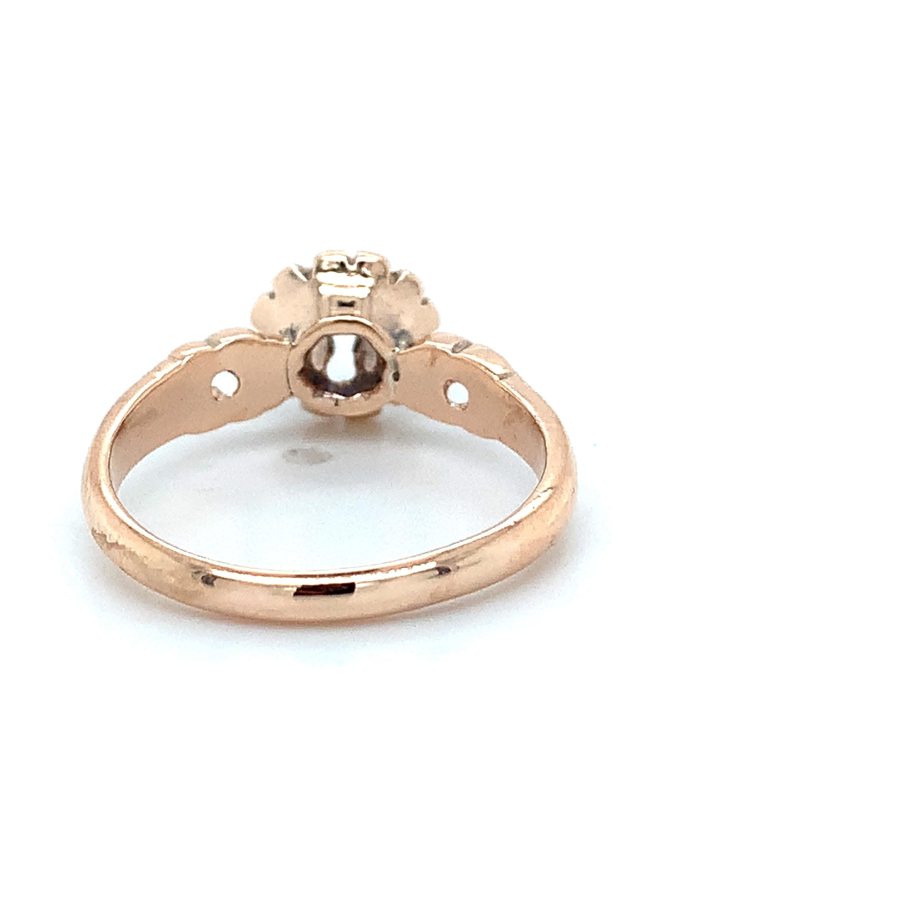 Antique 14K Rose Gold Belcher Round Diamond Solitaire Engraved Milgrain Ring