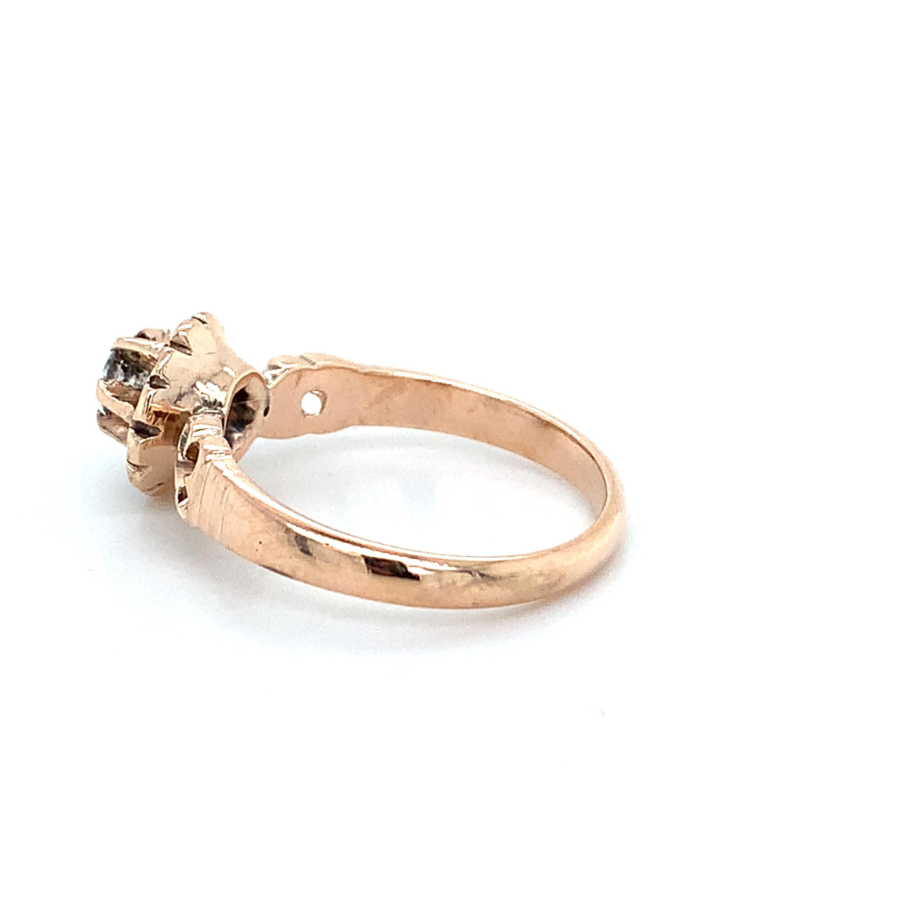 Antique 14K Rose Gold Belcher Round Diamond Solitaire Engraved Milgrain Ring