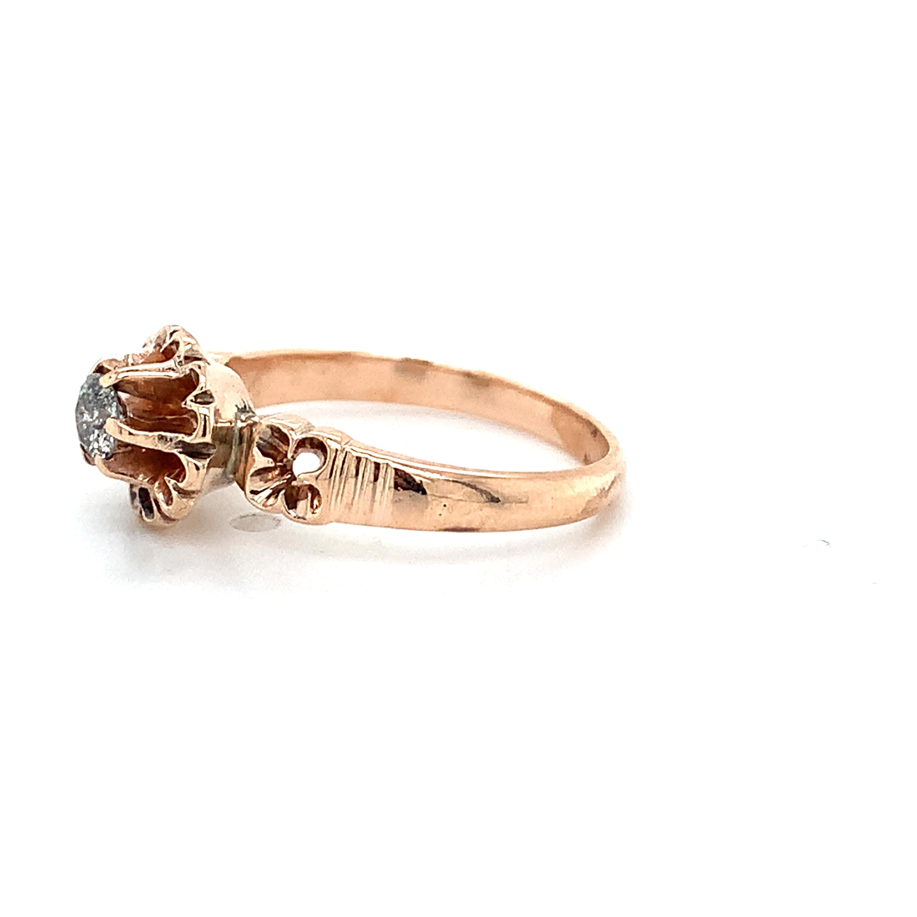 Antique 14K Rose Gold Belcher Round Diamond Solitaire Engraved Milgrain Ring