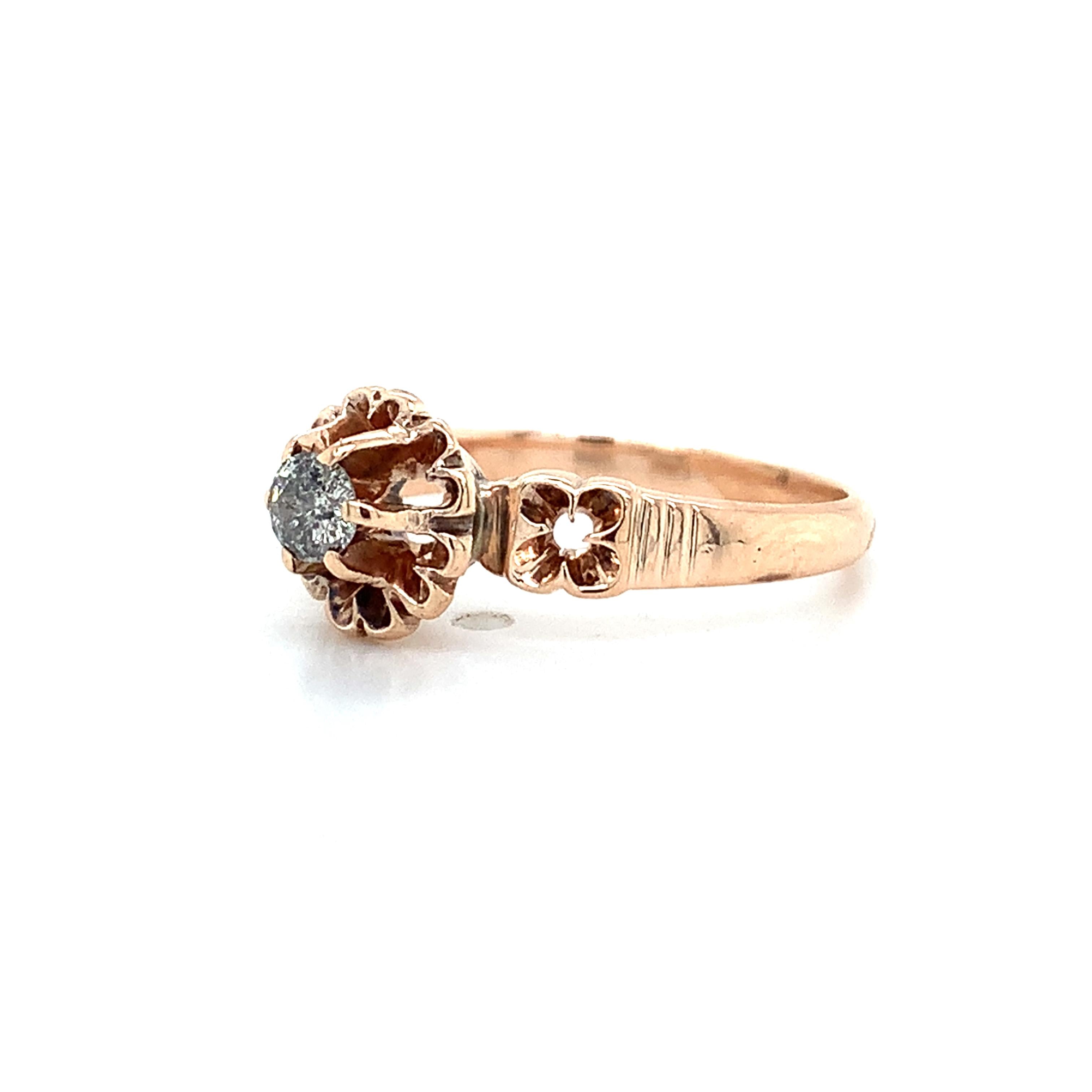 Antique 14K Rose Gold Belcher Round Diamond Solitaire Engraved Milgrain Ring
