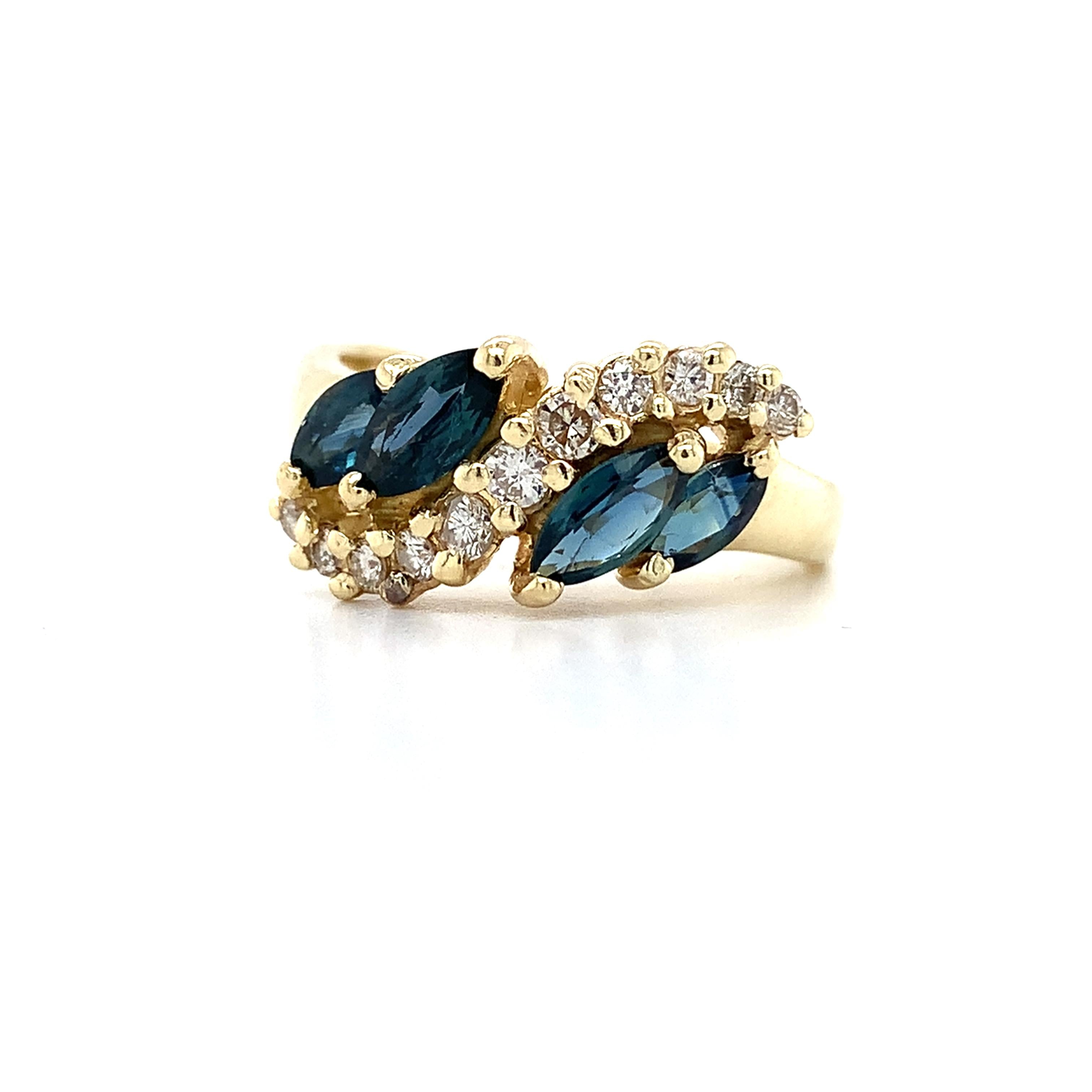 14k Yellow Gold Blue Marquise Sapphire & .25CTW Diamond Wave Style Bypass Ring