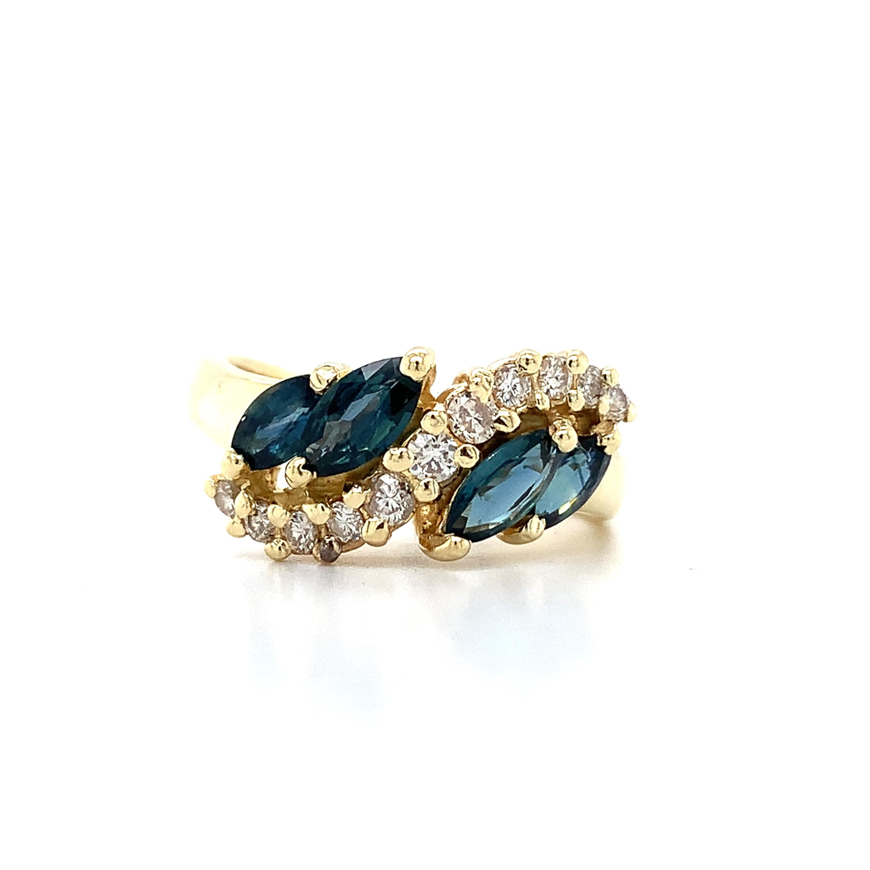 14k Yellow Gold Blue Marquise Sapphire & .25CTW Diamond Wave Style Bypass Ring
