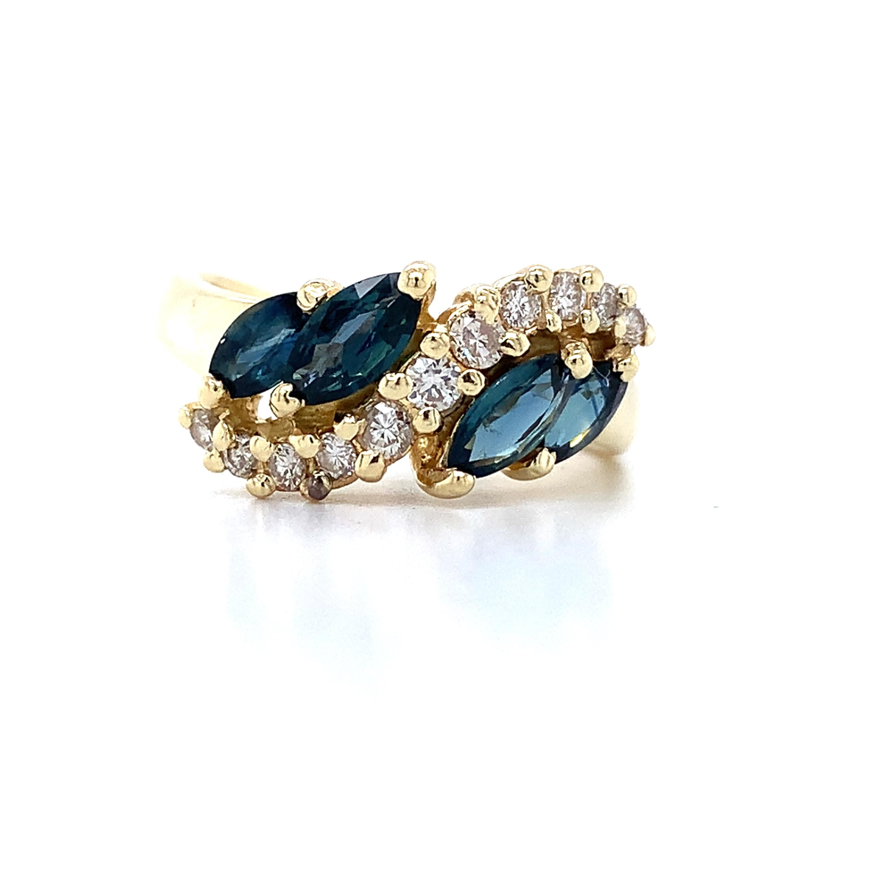 14k Yellow Gold Blue Marquise Sapphire & .25CTW Diamond Wave Style Bypass Ring