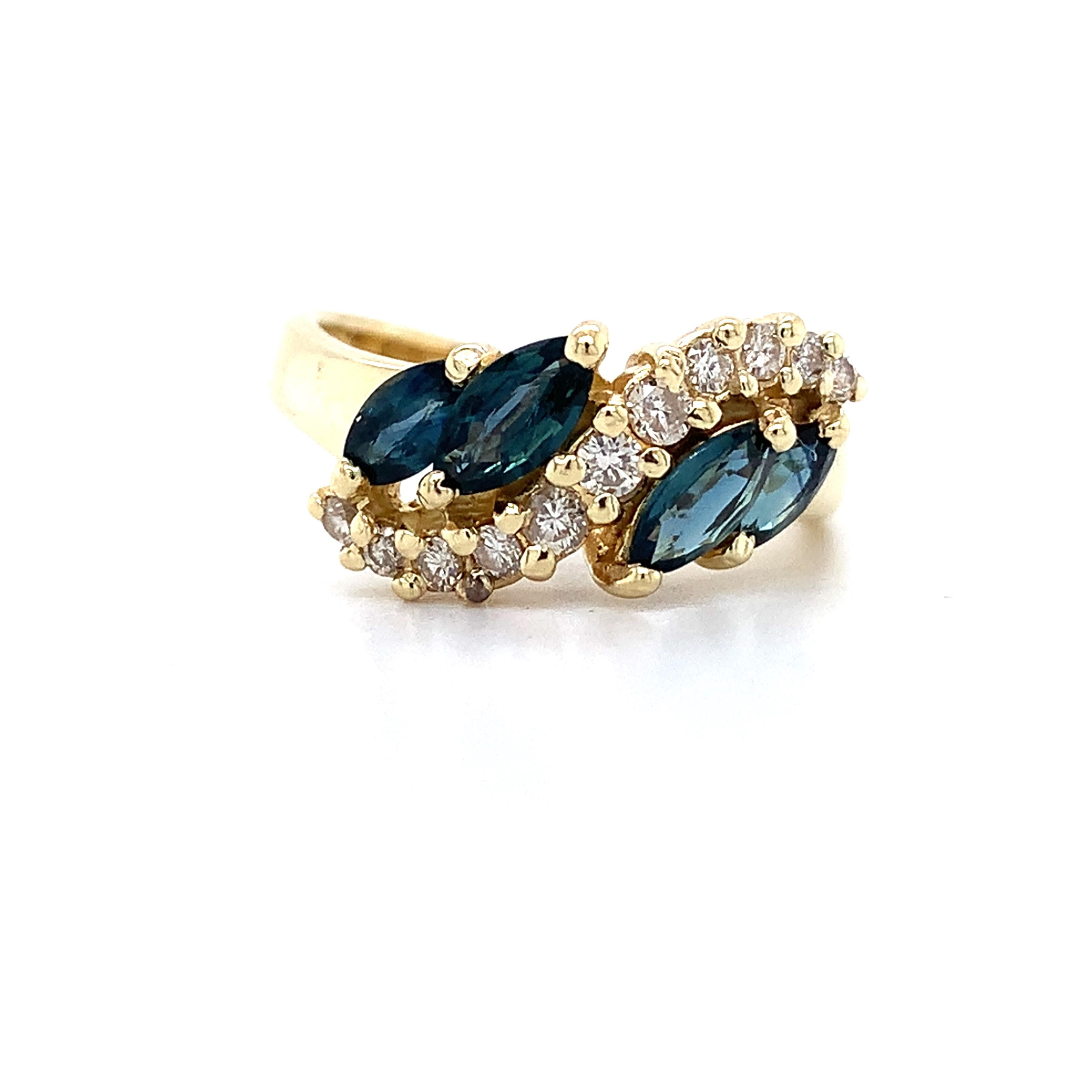 14k Yellow Gold Blue Marquise Sapphire & .25CTW Diamond Wave Style Bypass Ring