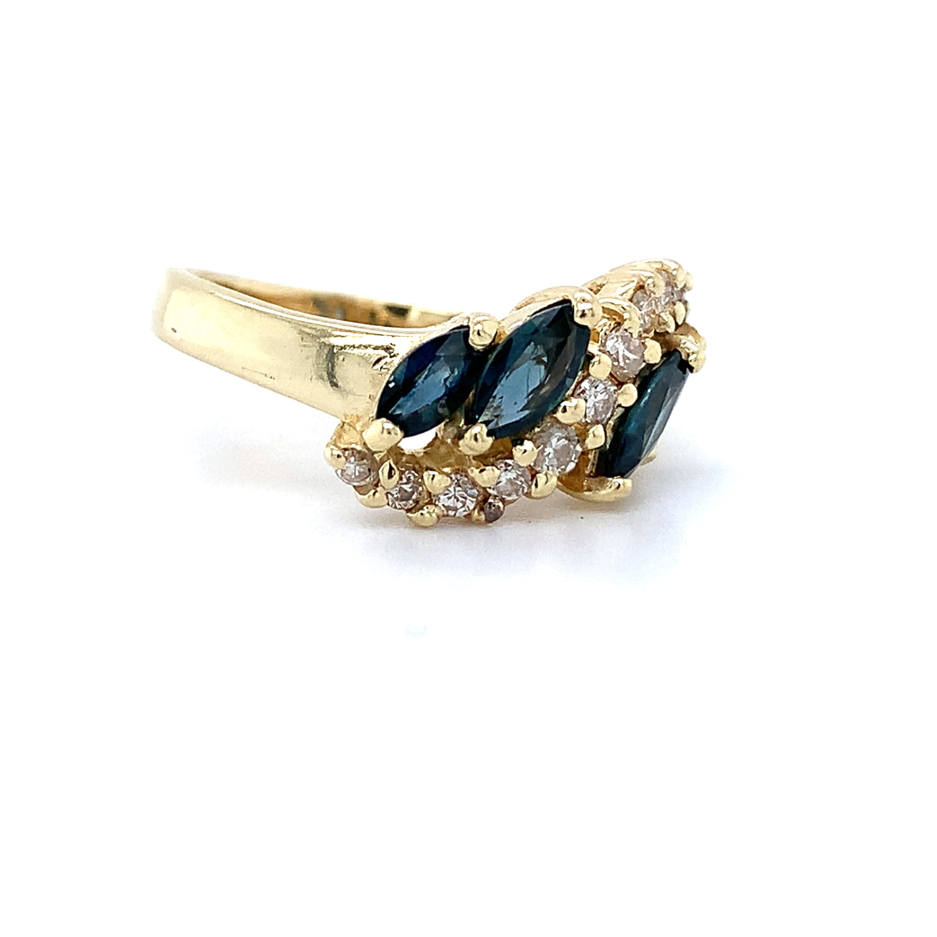 14k Yellow Gold Blue Marquise Sapphire & .25CTW Diamond Wave Style Bypass Ring