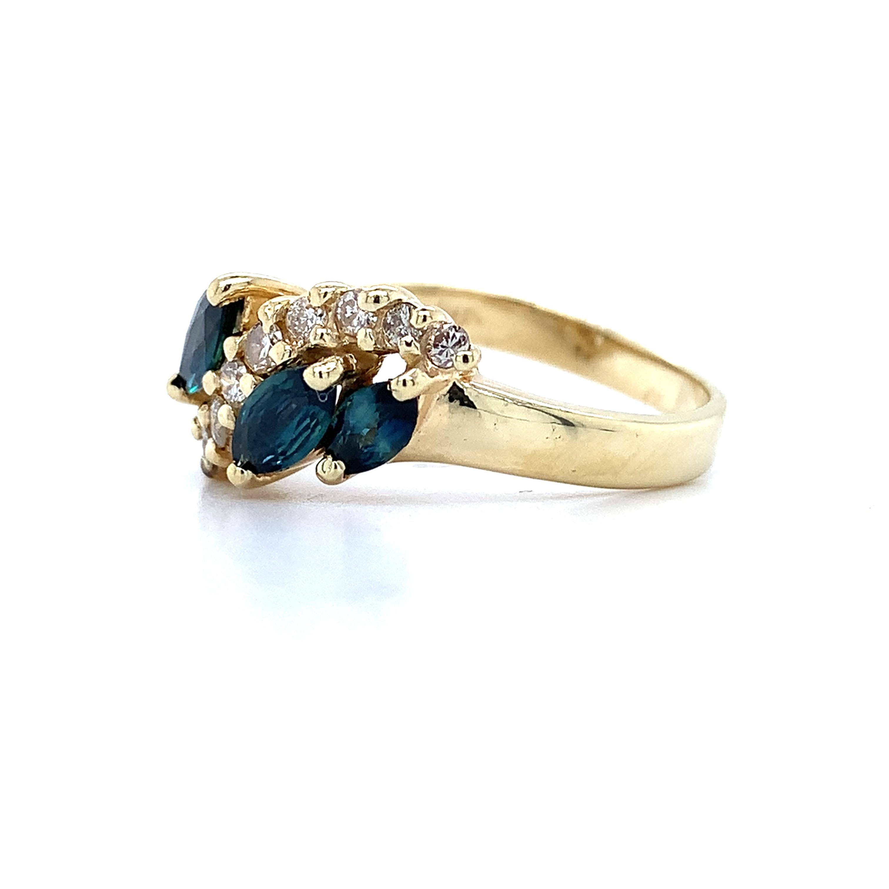 14k Yellow Gold Blue Marquise Sapphire & .25CTW Diamond Wave Style Bypass Ring