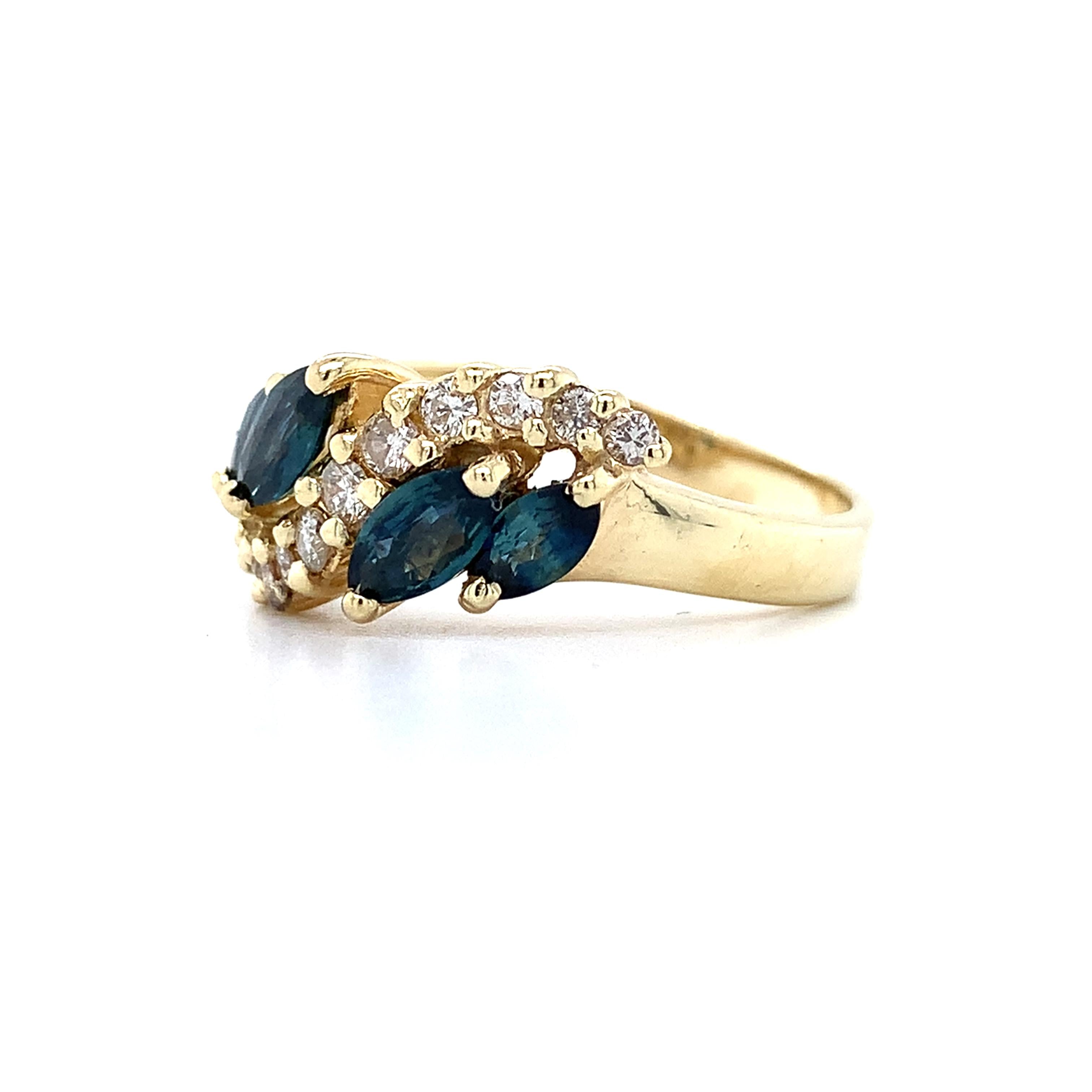 14k Yellow Gold Blue Marquise Sapphire & .25CTW Diamond Wave Style Bypass Ring
