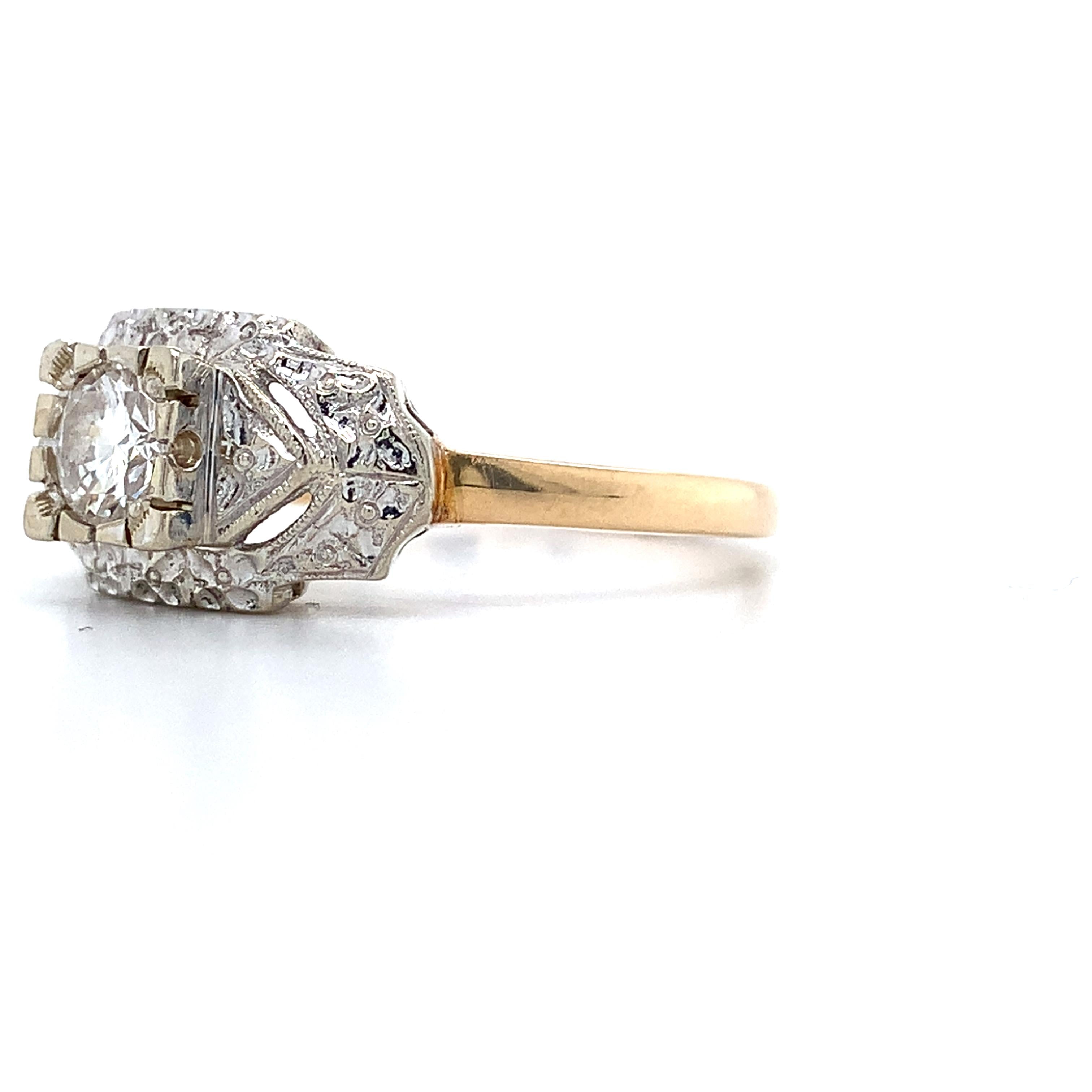 Vintage 14k Two Tone Round Diamond .40CT Engraved Milgrain Solitaire Ring