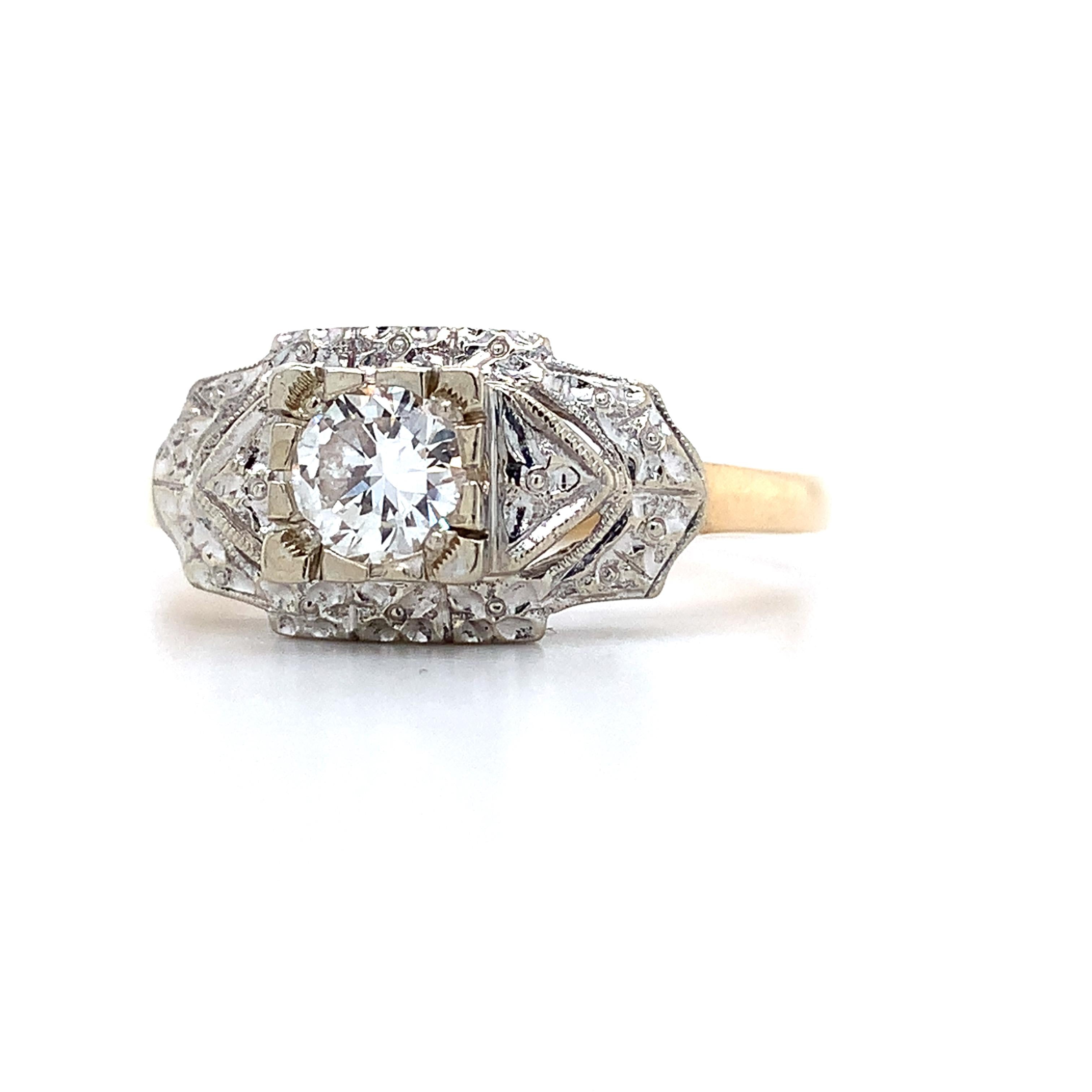 Vintage 14k Two Tone Round Diamond .40CT Engraved Milgrain Solitaire Ring
