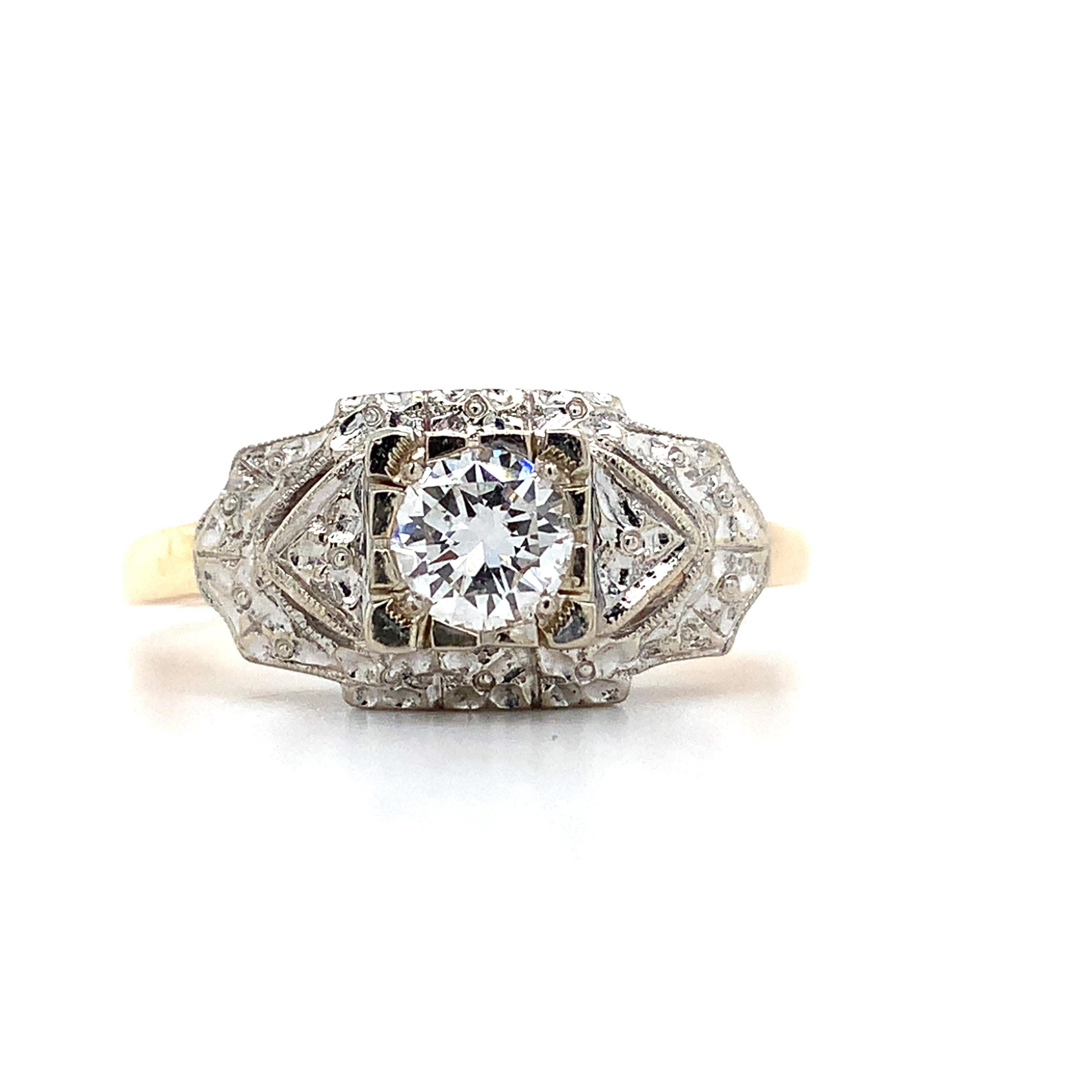 Vintage 14k Two Tone Round Diamond .40CT Engraved Milgrain Solitaire Ring