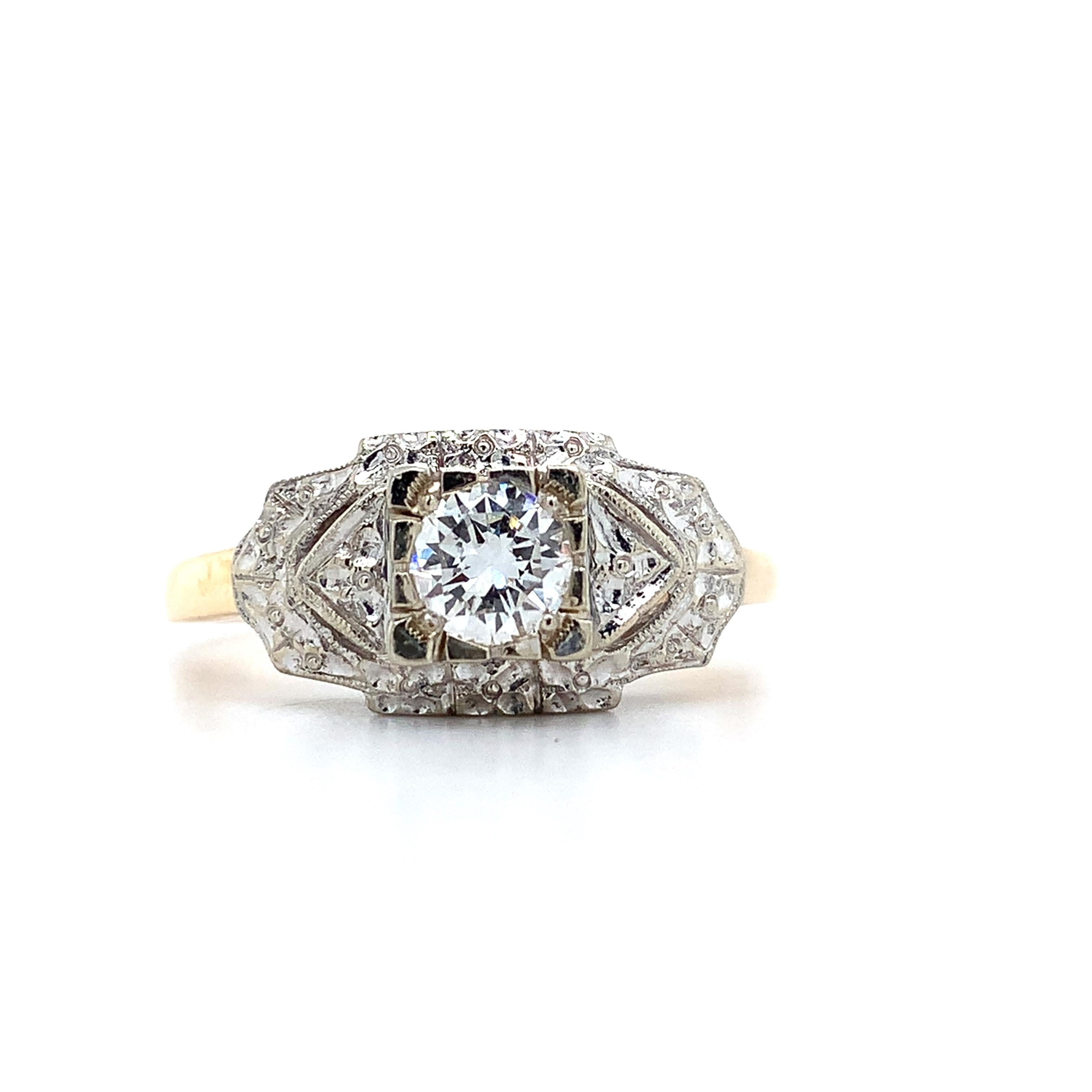 Vintage 14k Two Tone Round Diamond .40CT Engraved Milgrain Solitaire Ring