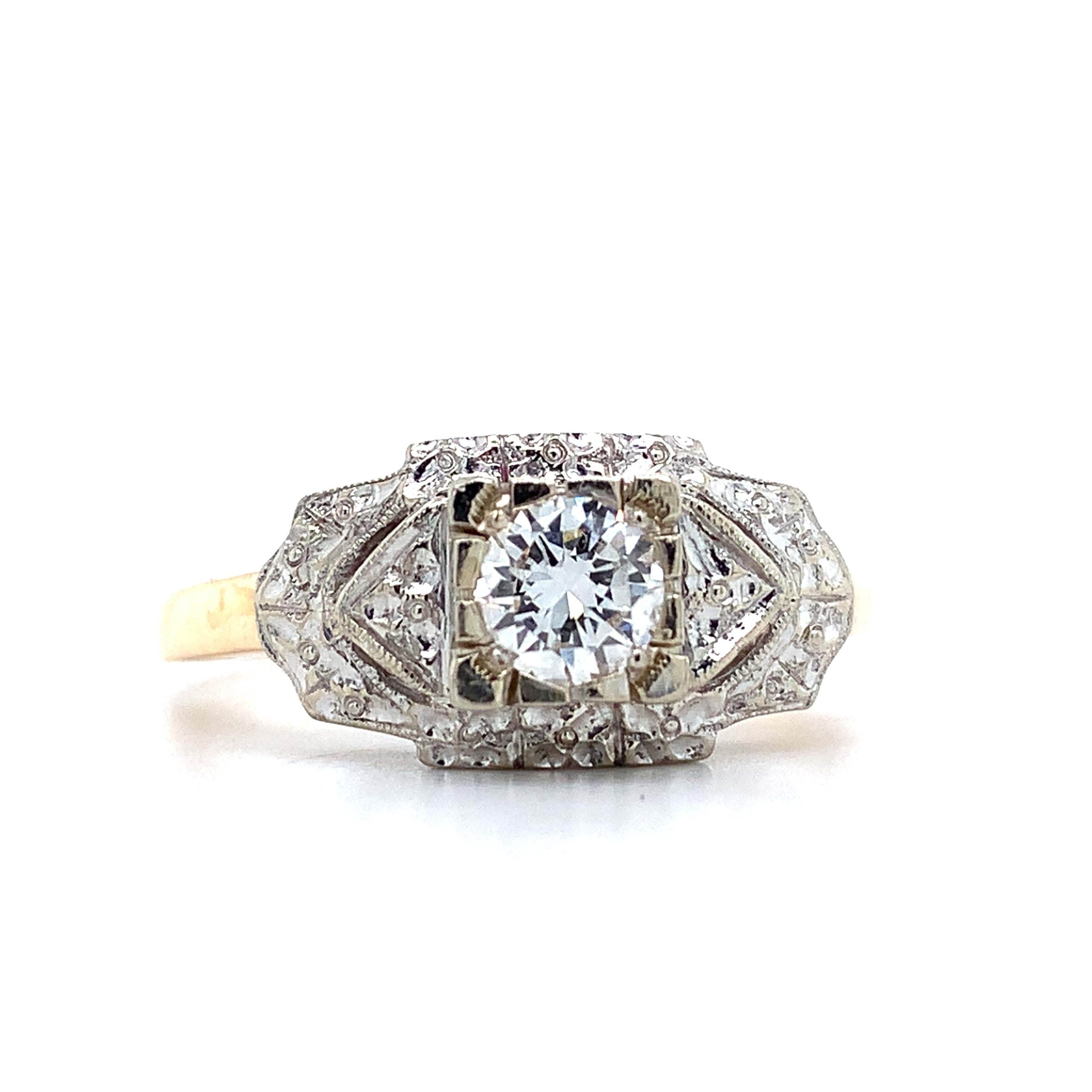 Vintage 14k Two Tone Round Diamond .40CT Engraved Milgrain Solitaire Ring