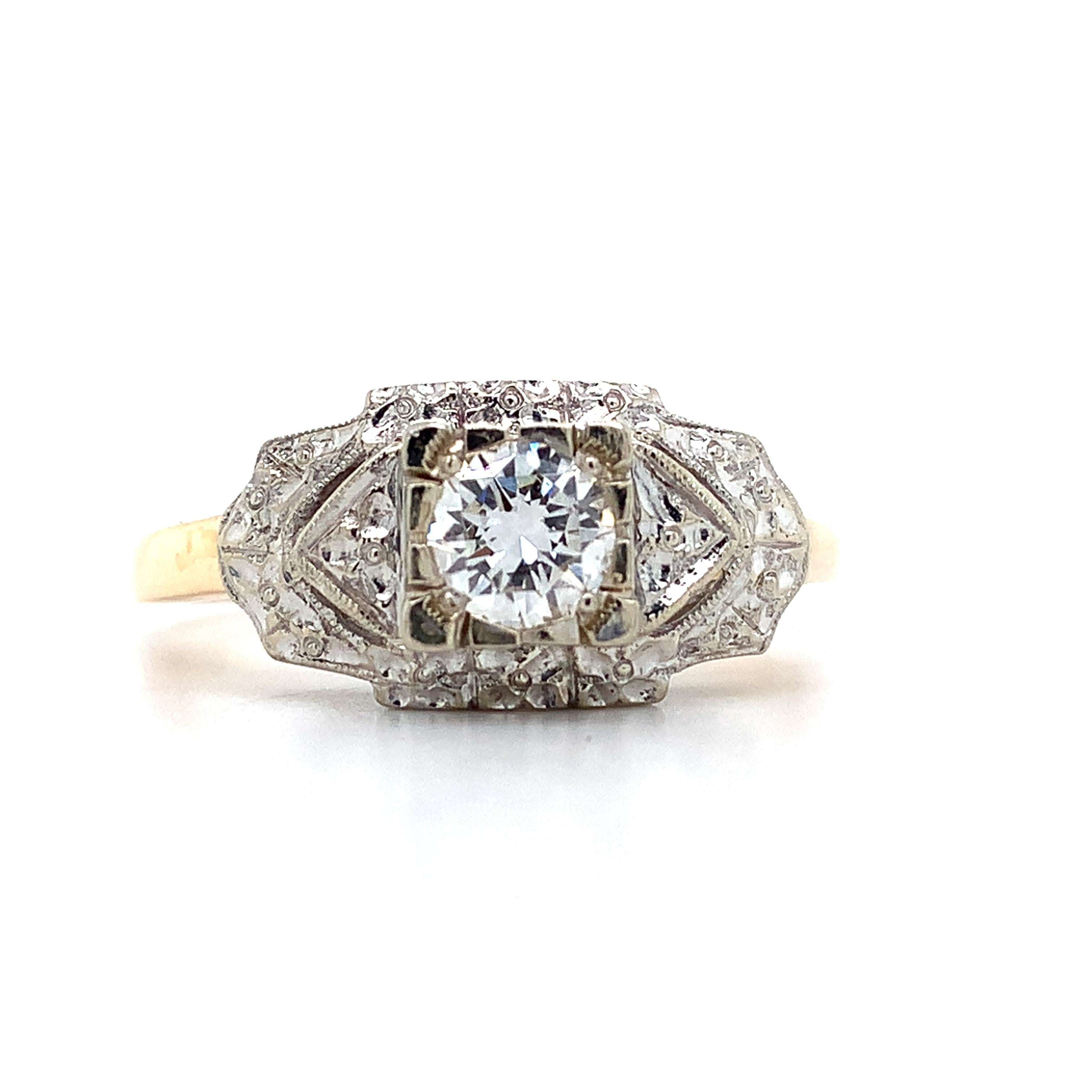 Vintage 14k Two Tone Round Diamond .40CT Engraved Milgrain Solitaire Ring