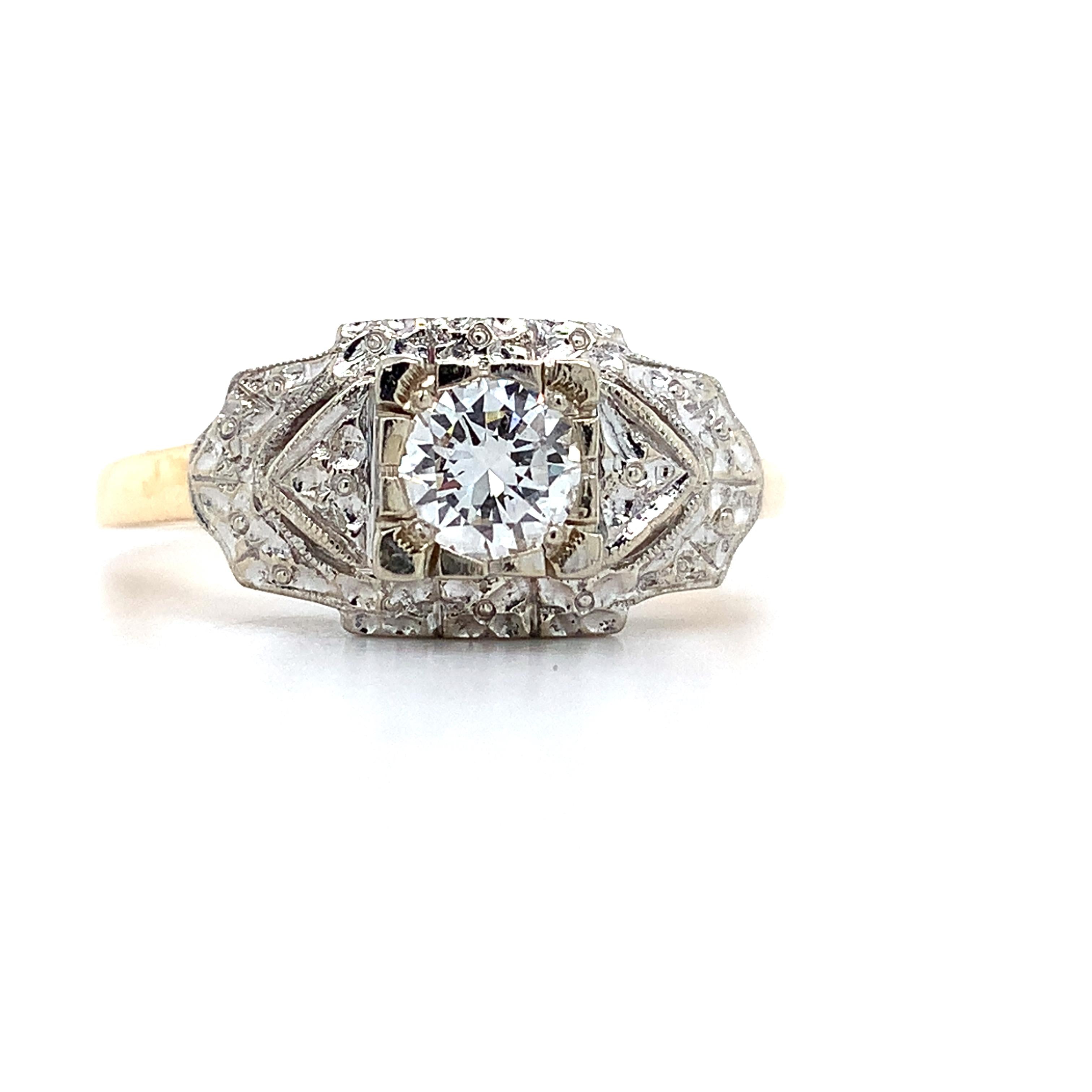 Vintage 14k Two Tone Round Diamond .40CT Engraved Milgrain Solitaire Ring