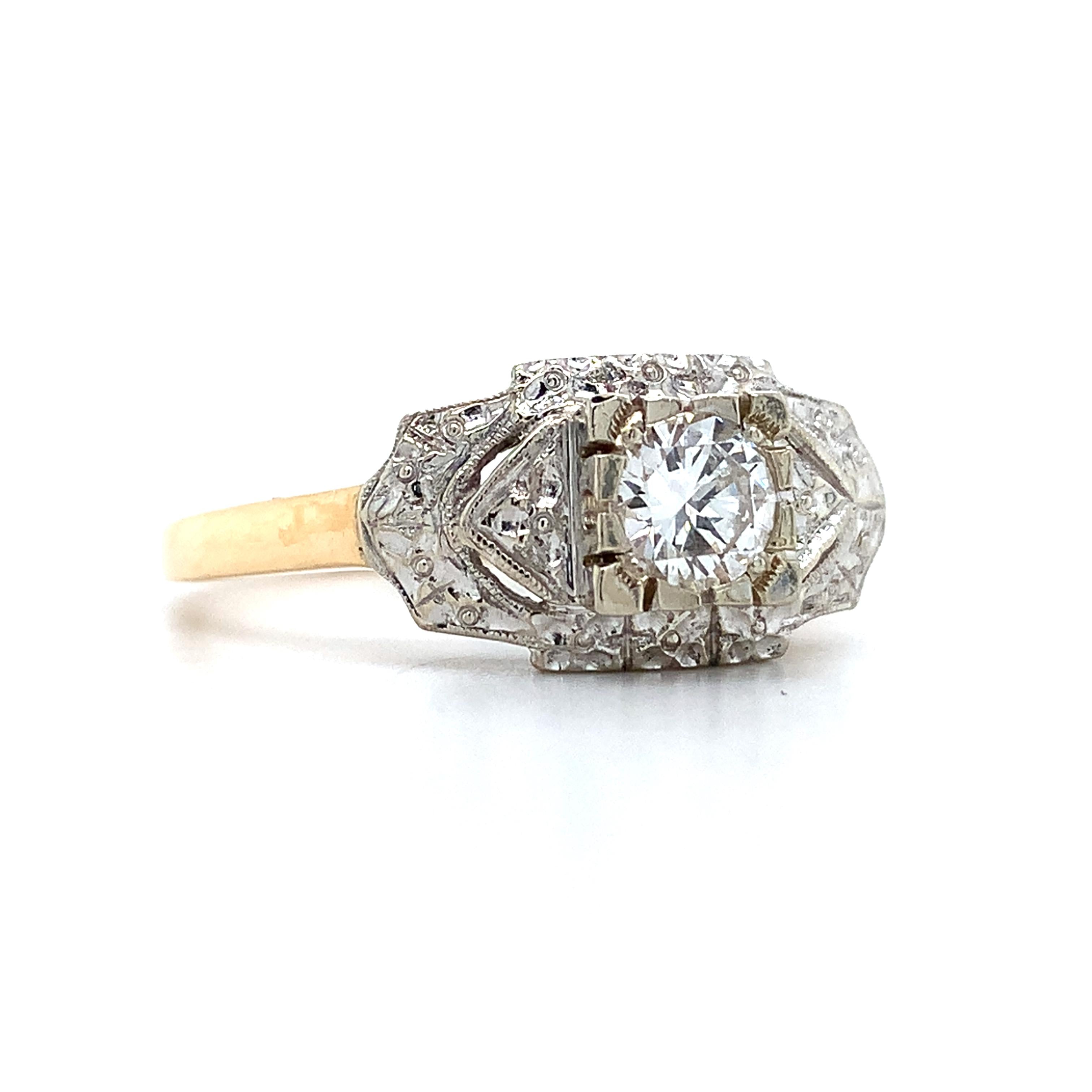 Vintage 14k Two Tone Round Diamond .40CT Engraved Milgrain Solitaire Ring