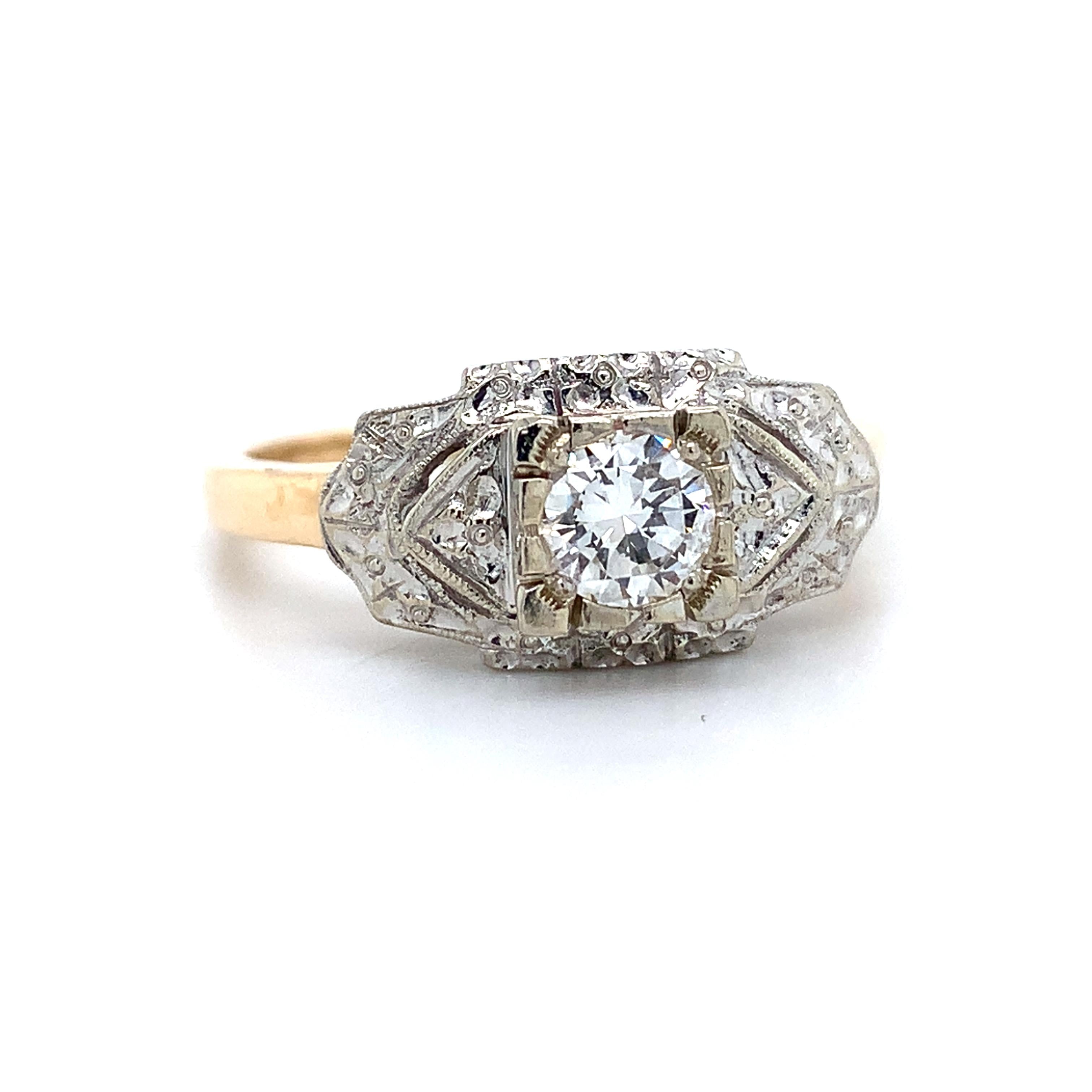 Vintage 14k Two Tone Round Diamond .40CT Engraved Milgrain Solitaire Ring