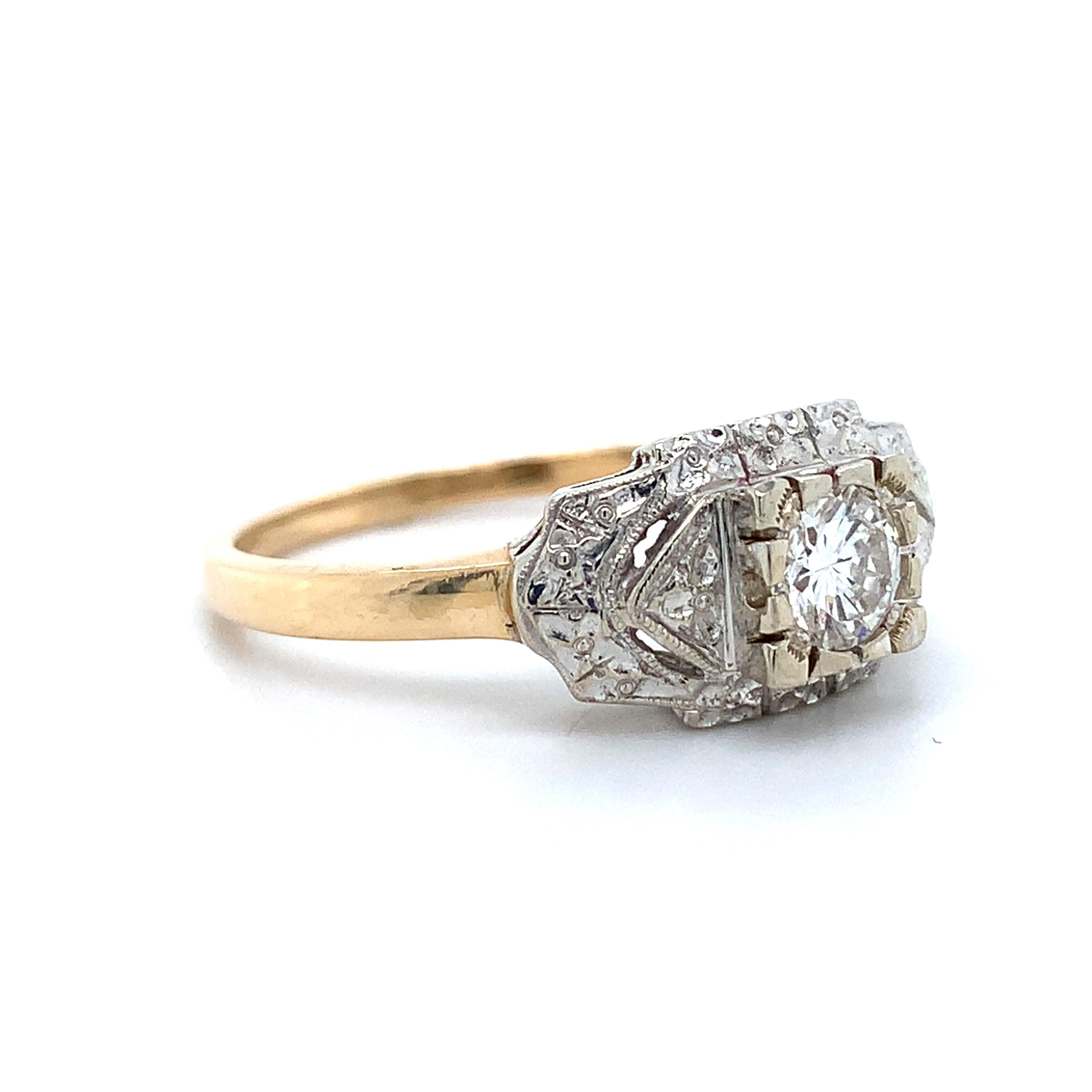 Vintage 14k Two Tone Round Diamond .40CT Engraved Milgrain Solitaire Ring