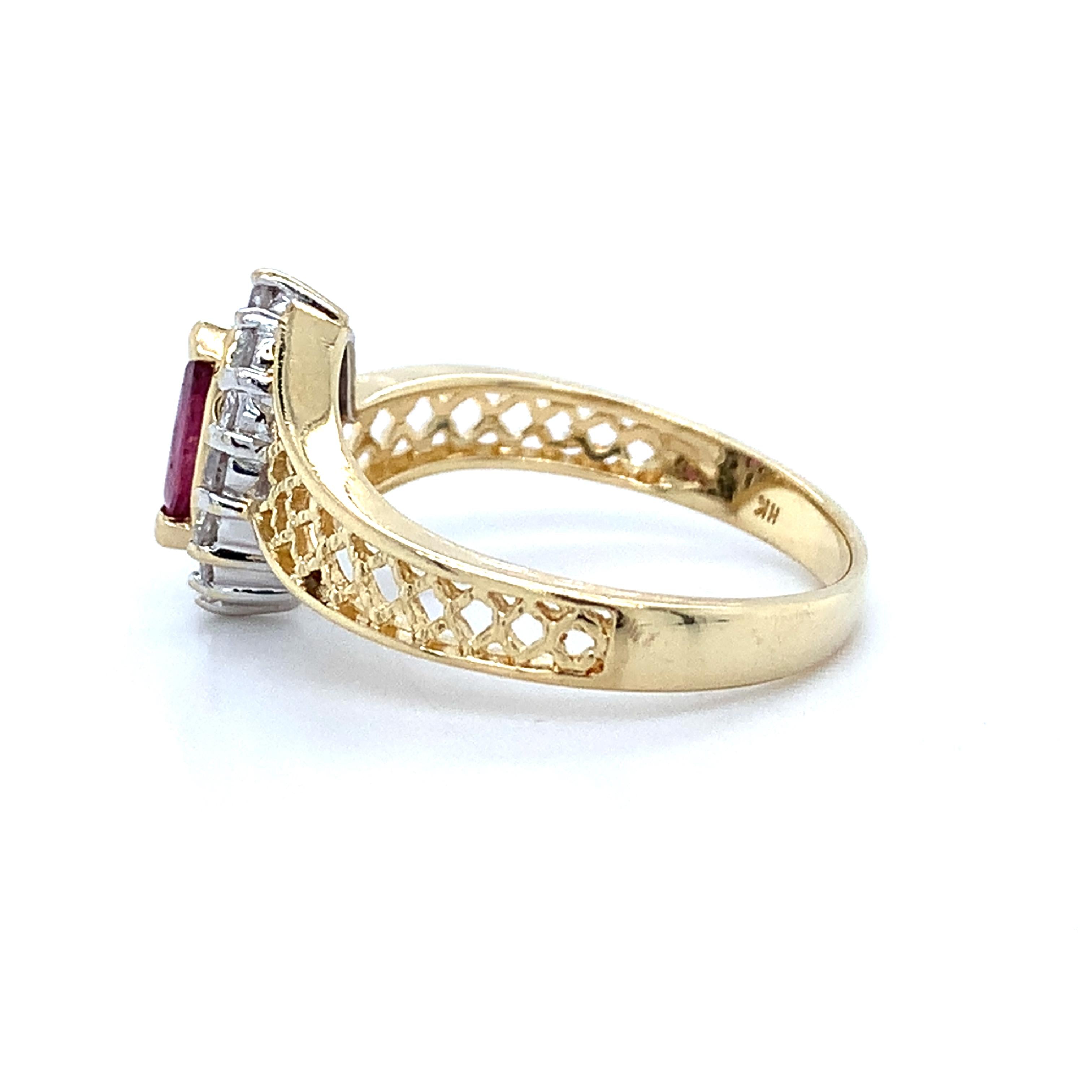 14K Yellow Gold Marquise Cut Ruby W/.24CTW Diamond Lattice Bypass Shanks Ring