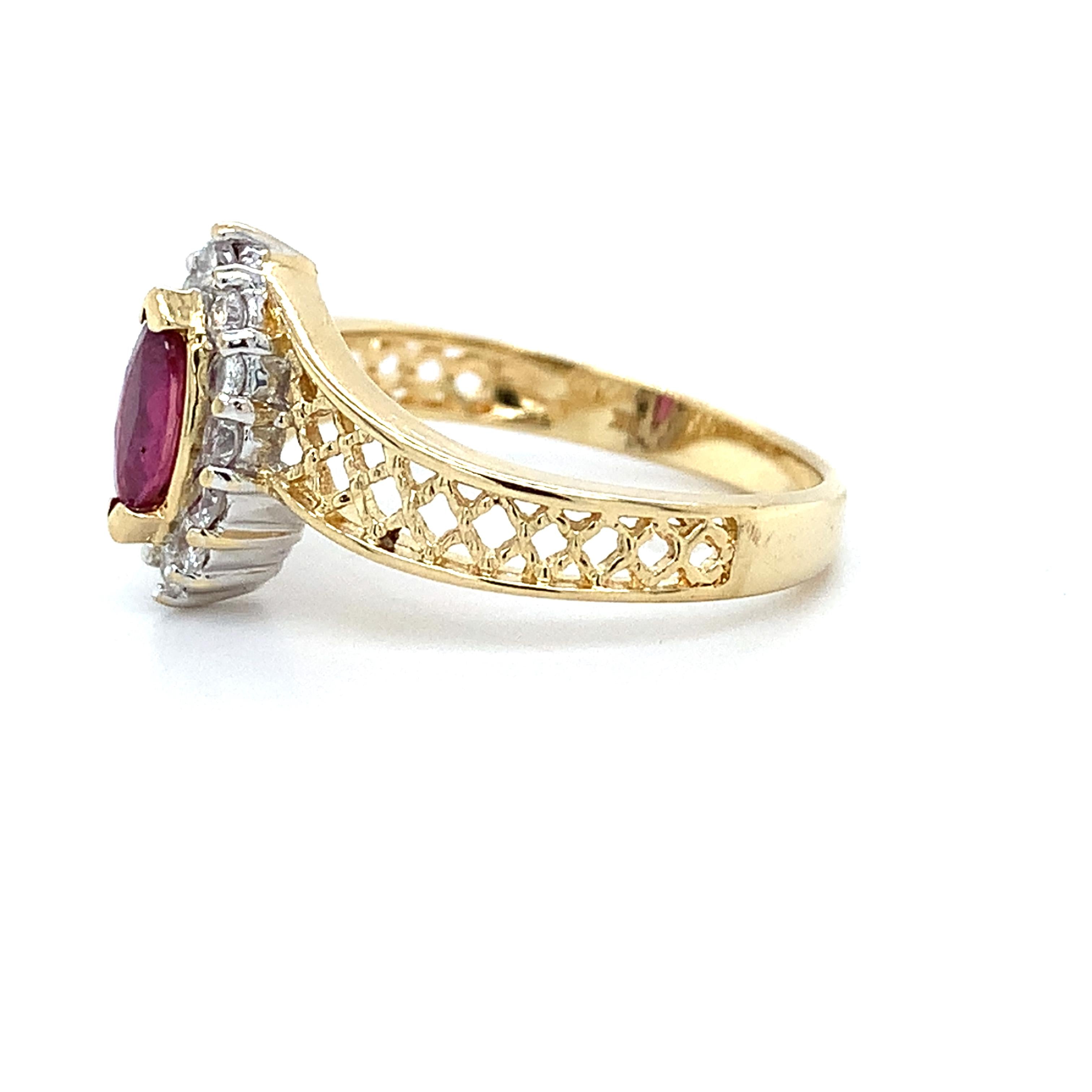 14K Yellow Gold Marquise Cut Ruby W/.24CTW Diamond Lattice Bypass Shanks Ring