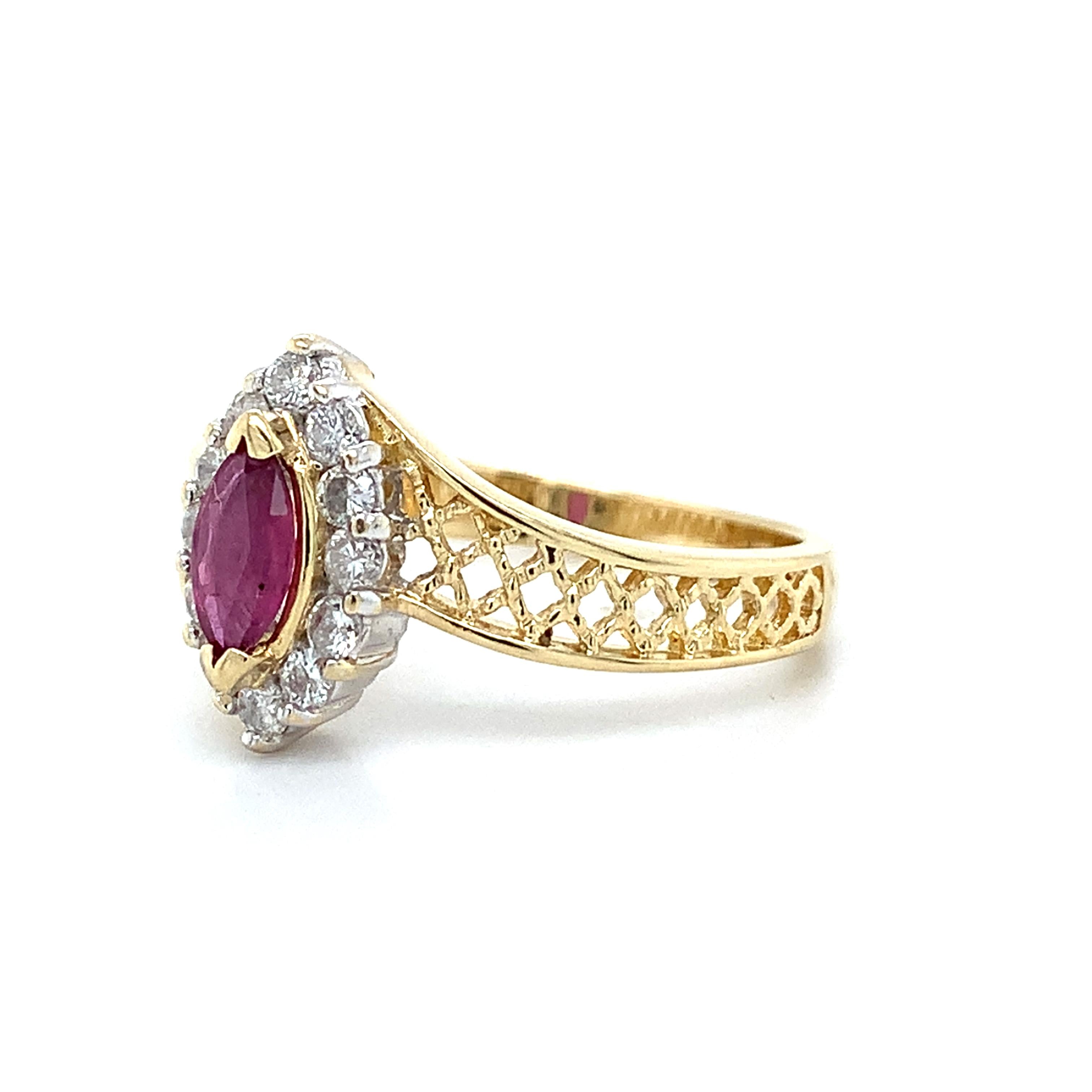 14K Yellow Gold Marquise Cut Ruby W/.24CTW Diamond Lattice Bypass Shanks Ring