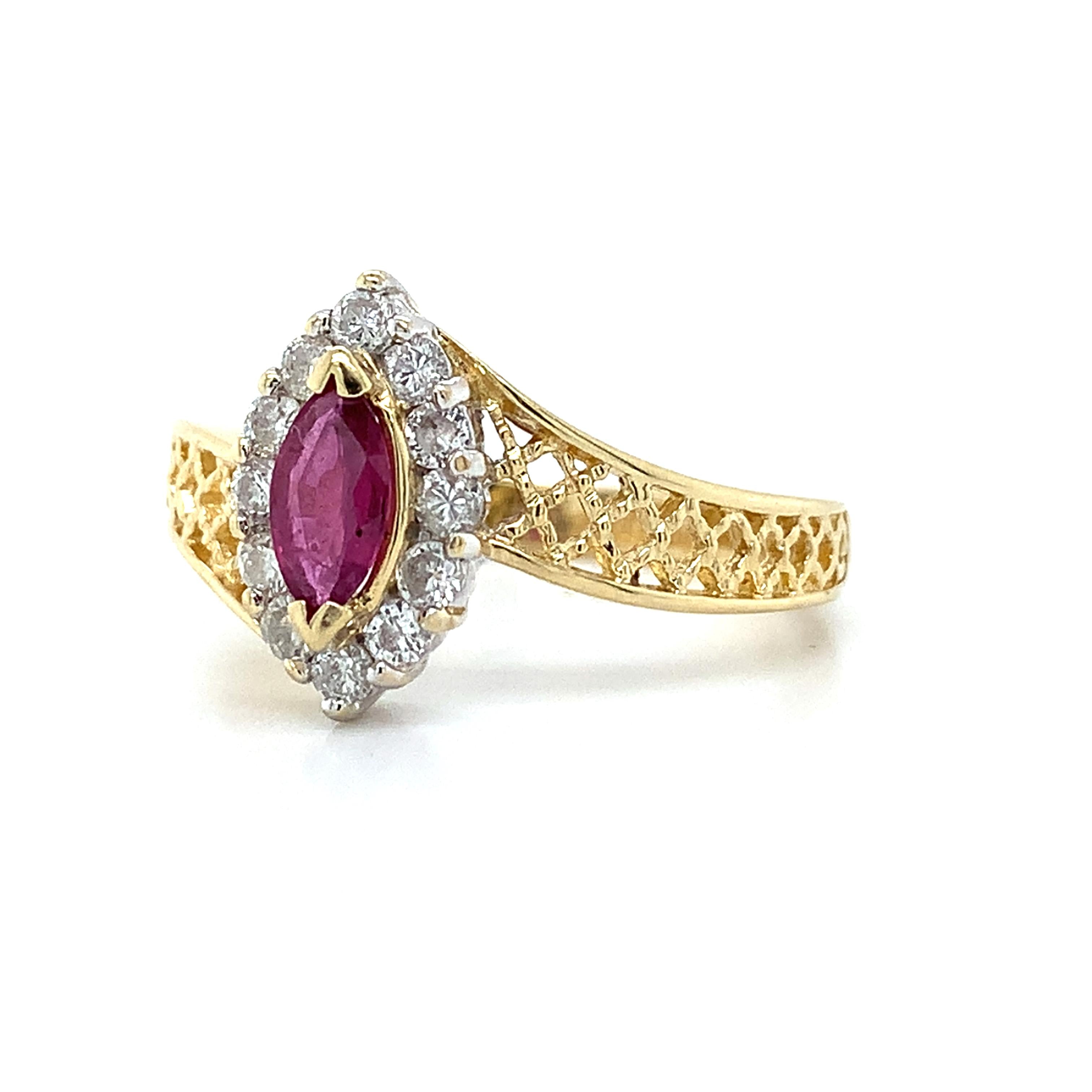 14K Yellow Gold Marquise Cut Ruby W/.24CTW Diamond Lattice Bypass Shanks Ring