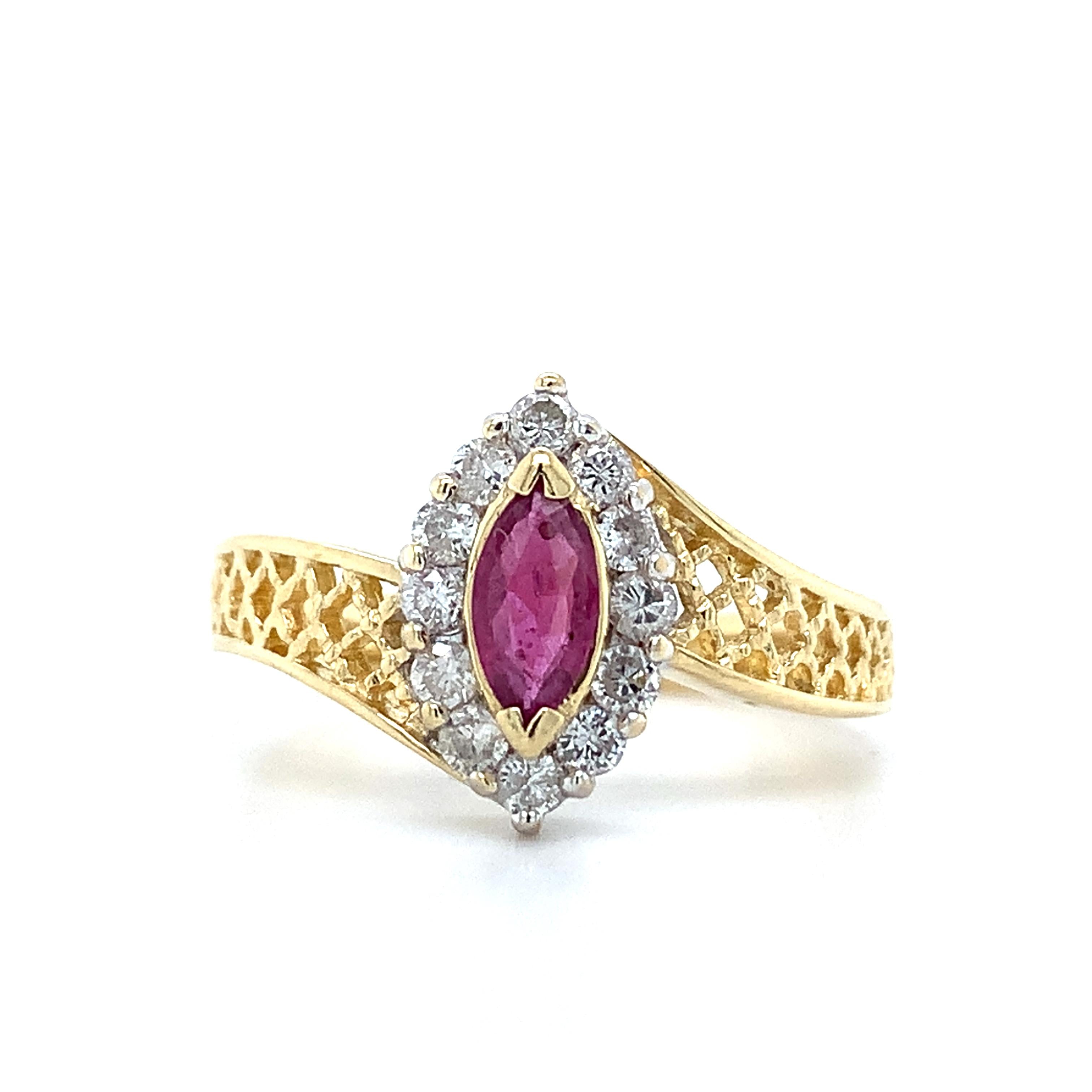 14K Yellow Gold Marquise Cut Ruby W/.24CTW Diamond Lattice Bypass Shanks Ring