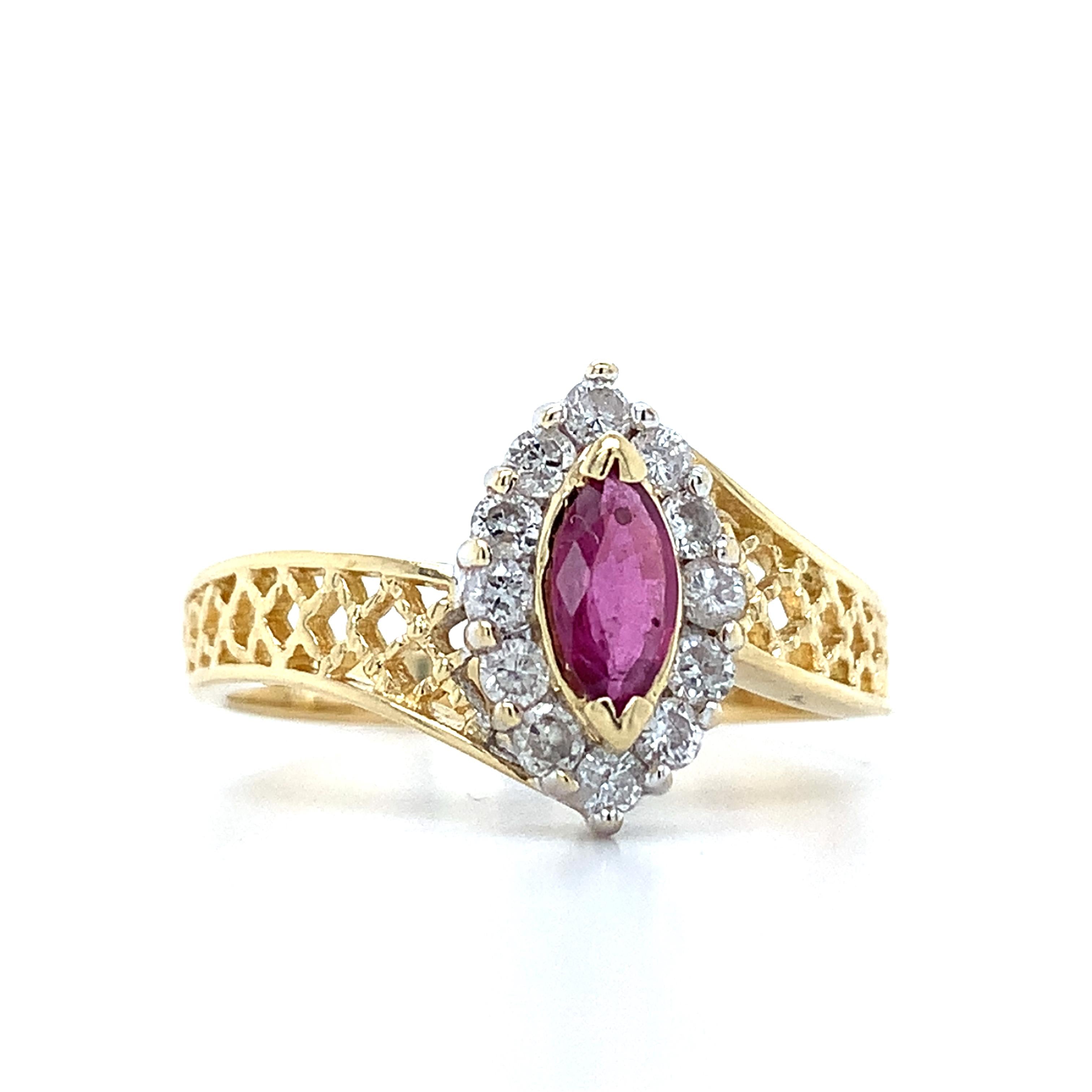 14K Yellow Gold Marquise Cut Ruby W/.24CTW Diamond Lattice Bypass Shanks Ring