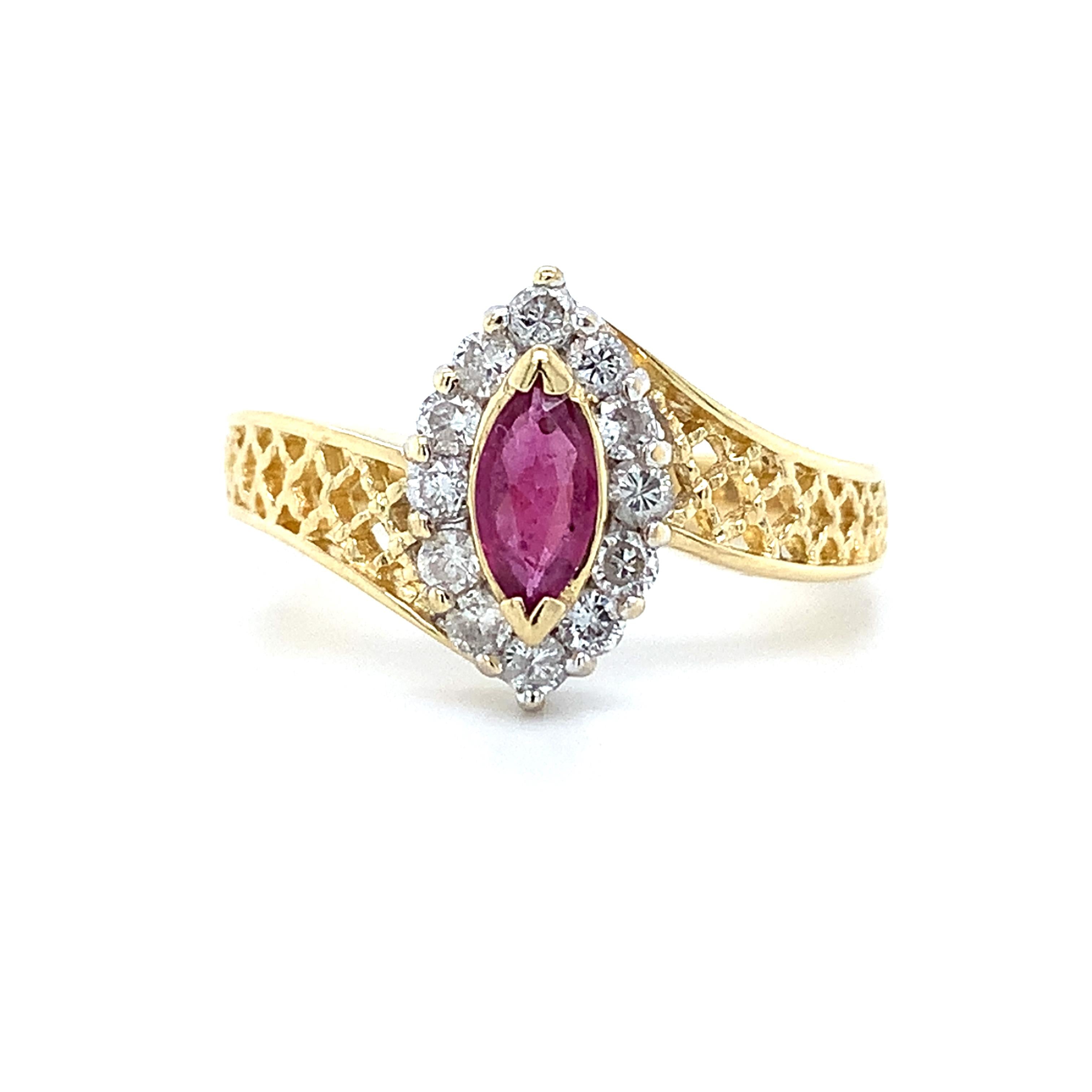 14K Yellow Gold Marquise Cut Ruby W/.24CTW Diamond Lattice Bypass Shanks Ring