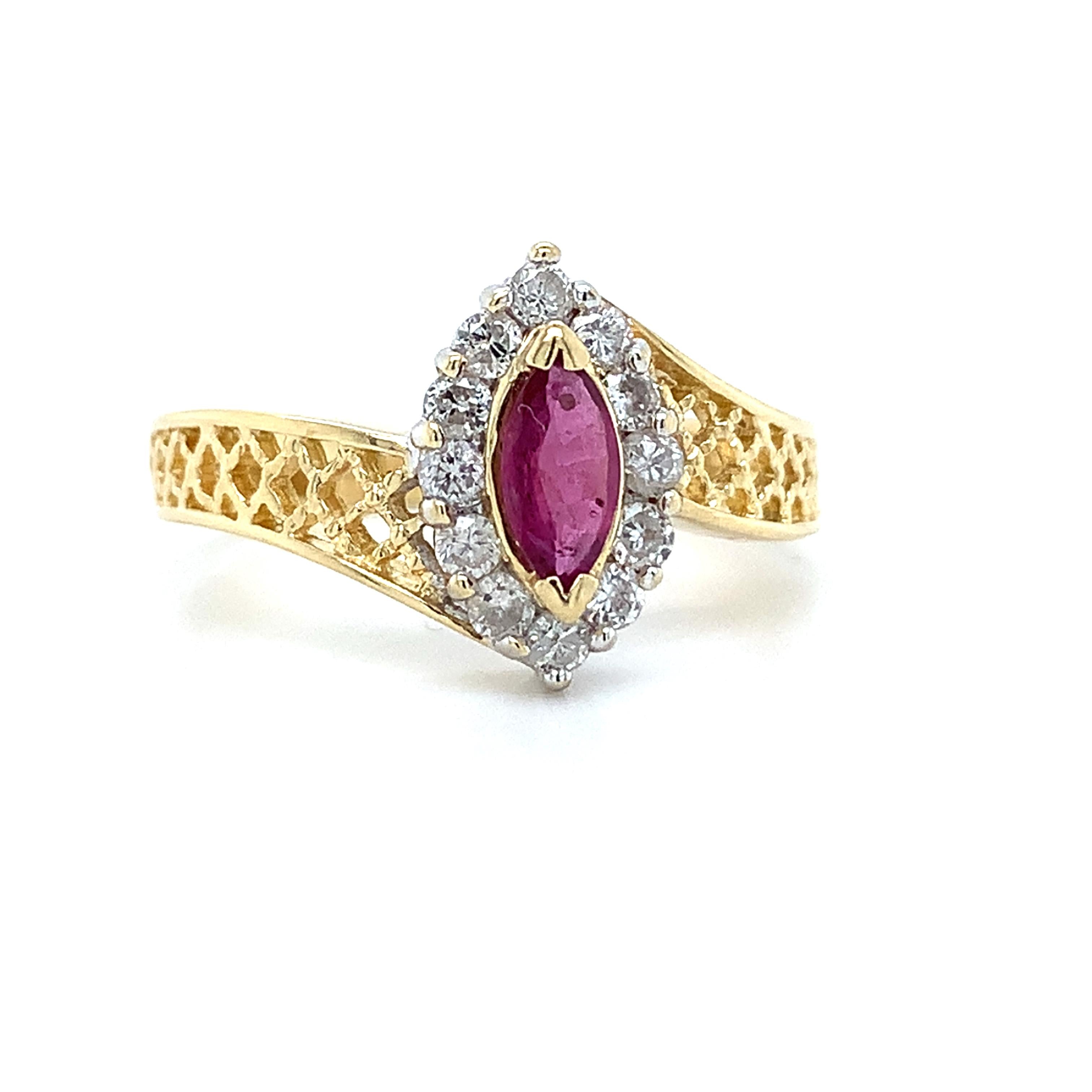 14K Yellow Gold Marquise Cut Ruby W/.24CTW Diamond Lattice Bypass Shanks Ring