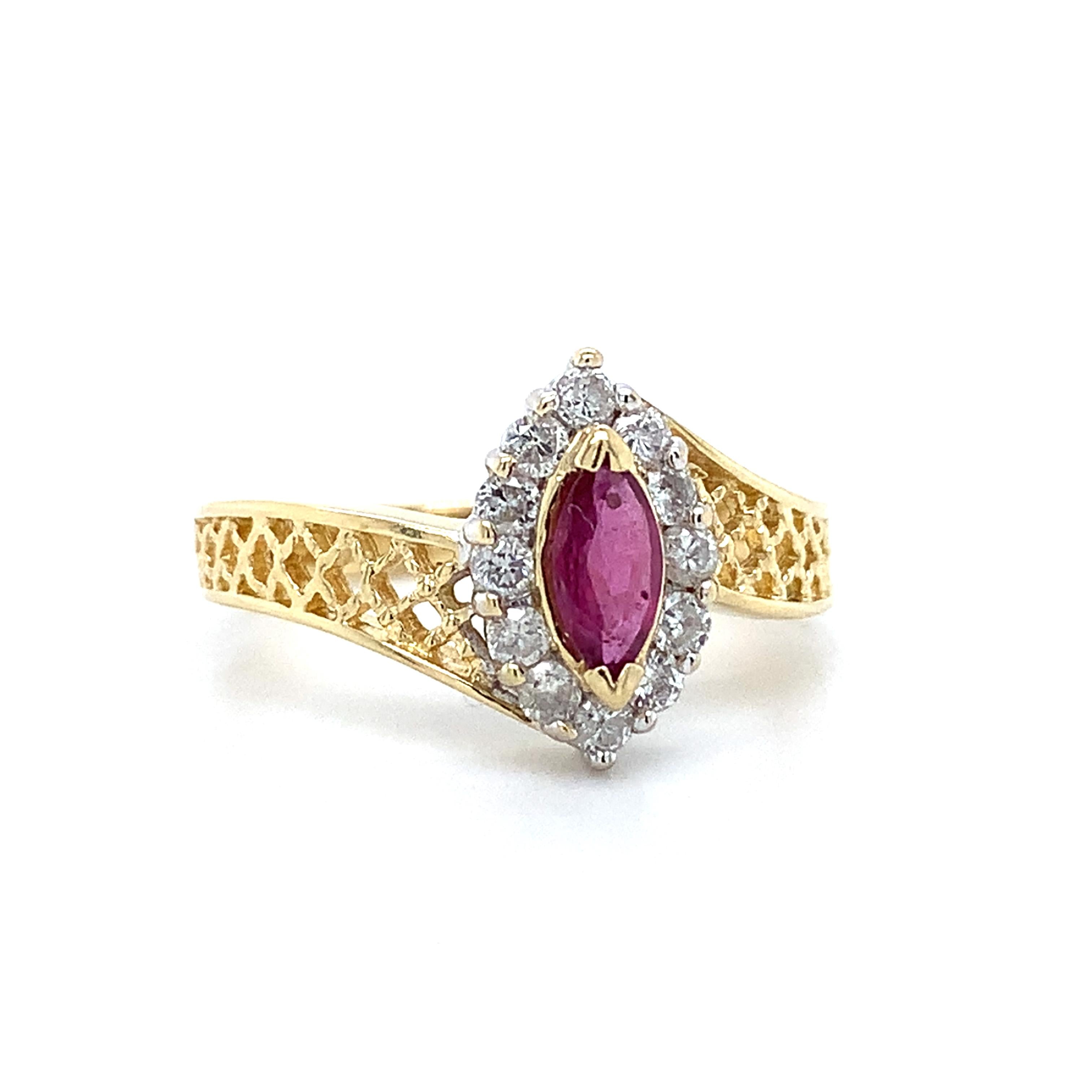 14K Yellow Gold Marquise Cut Ruby W/.24CTW Diamond Lattice Bypass Shanks Ring