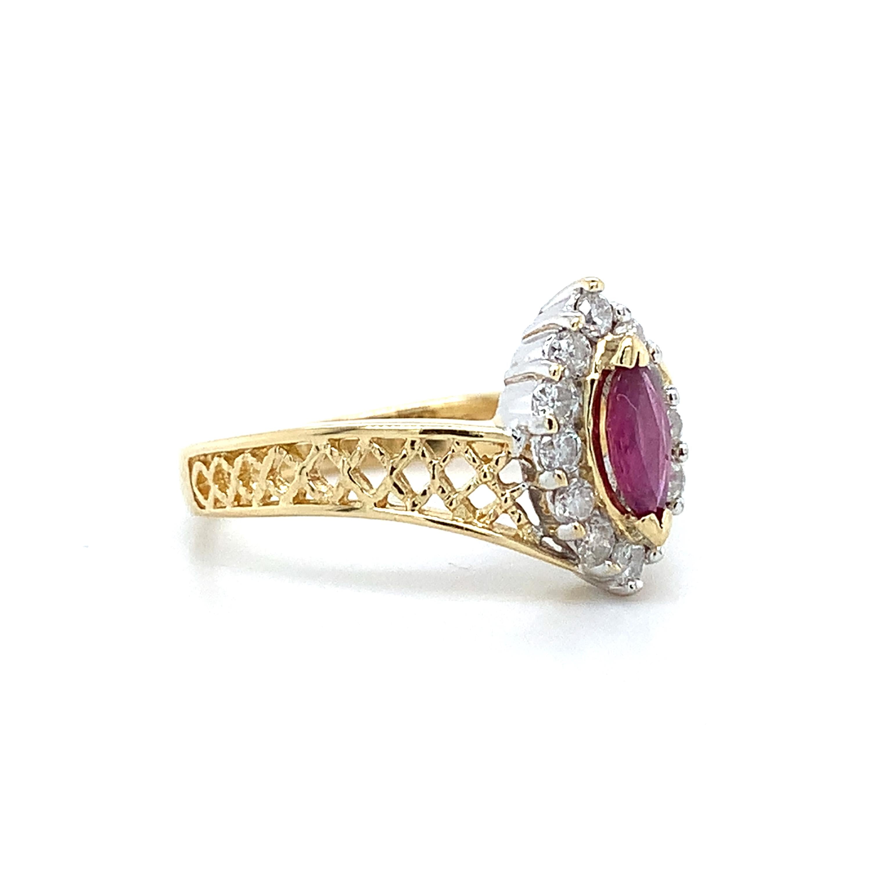 14K Yellow Gold Marquise Cut Ruby W/.24CTW Diamond Lattice Bypass Shanks Ring