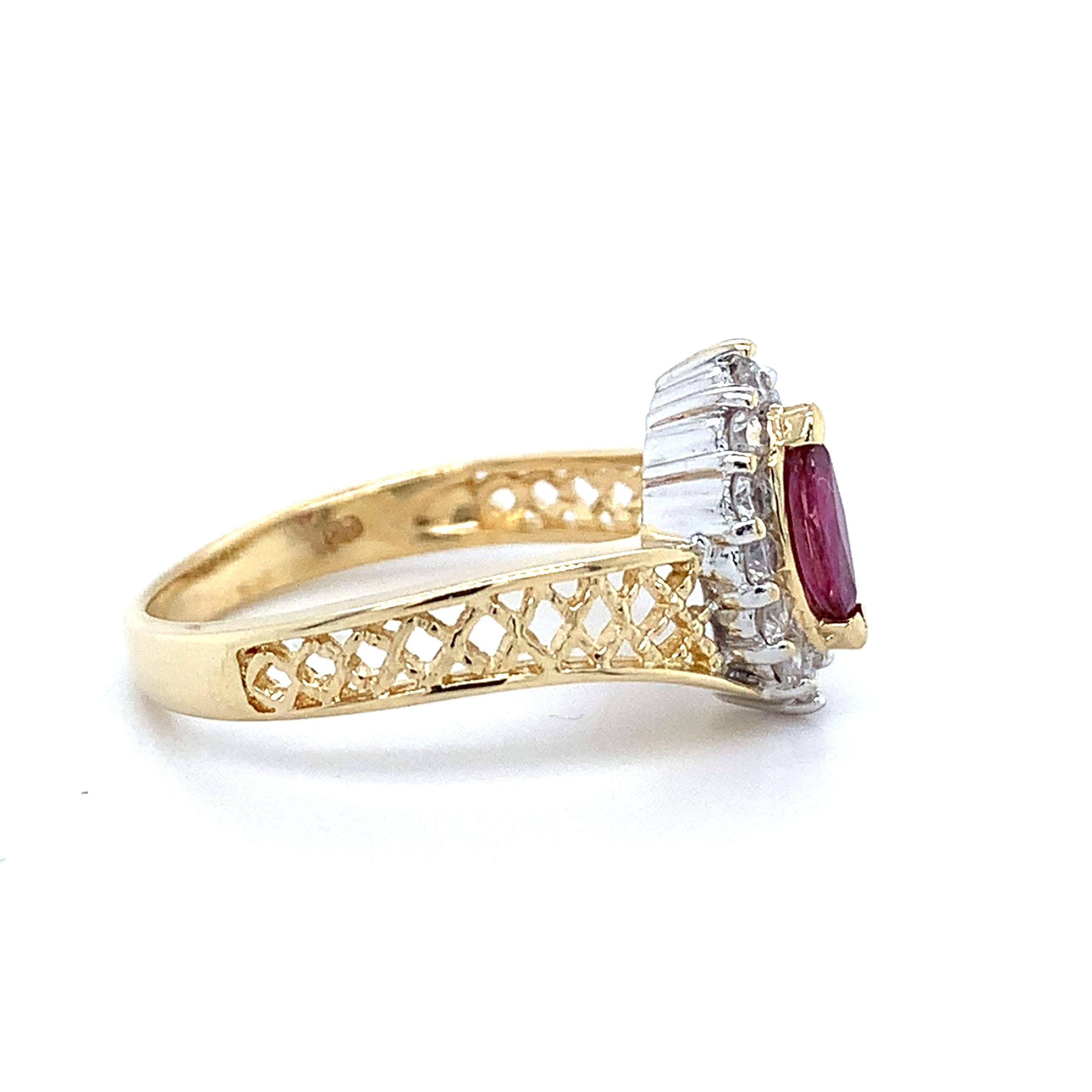 14K Yellow Gold Marquise Cut Ruby W/.24CTW Diamond Lattice Bypass Shanks Ring