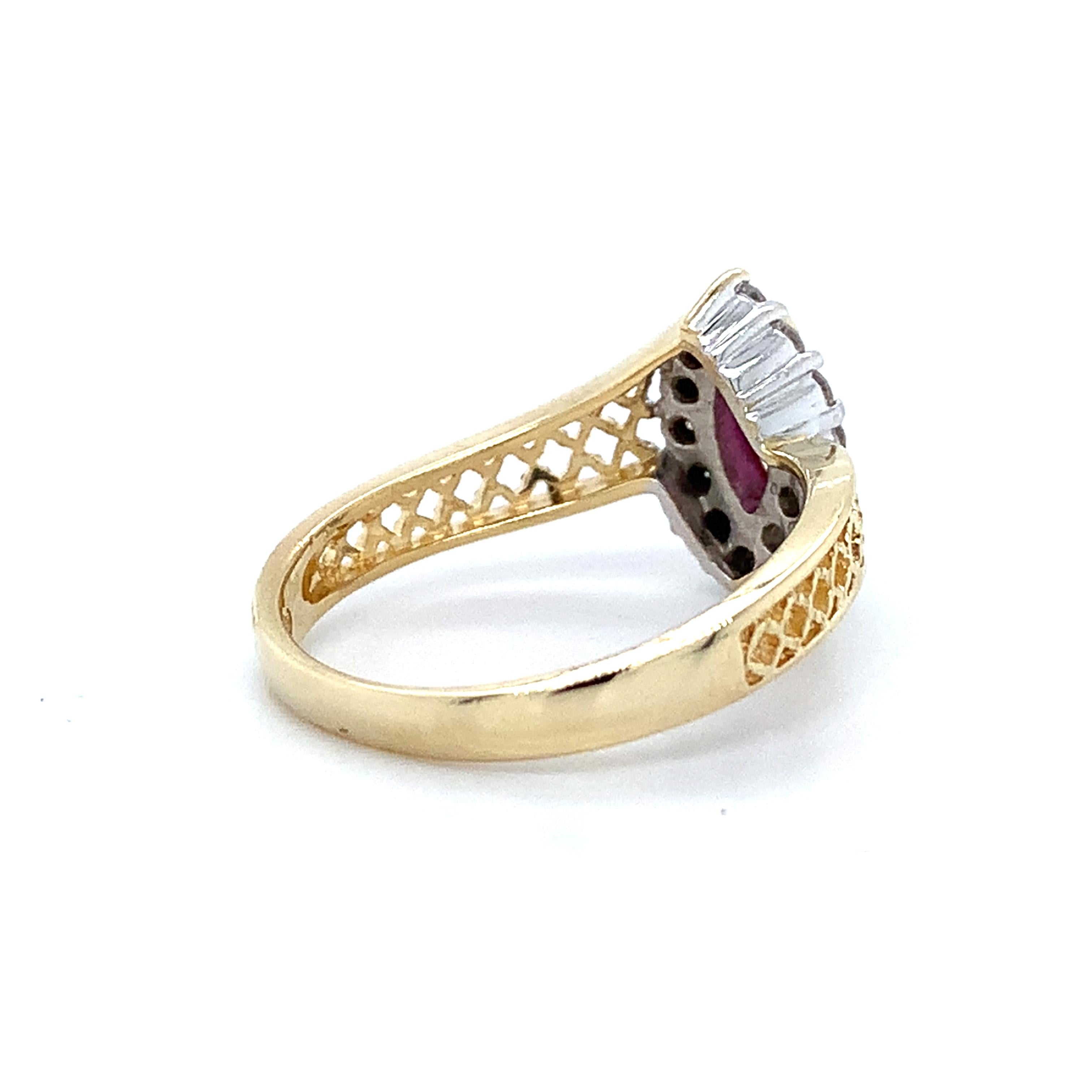 14K Yellow Gold Marquise Cut Ruby W/.24CTW Diamond Lattice Bypass Shanks Ring