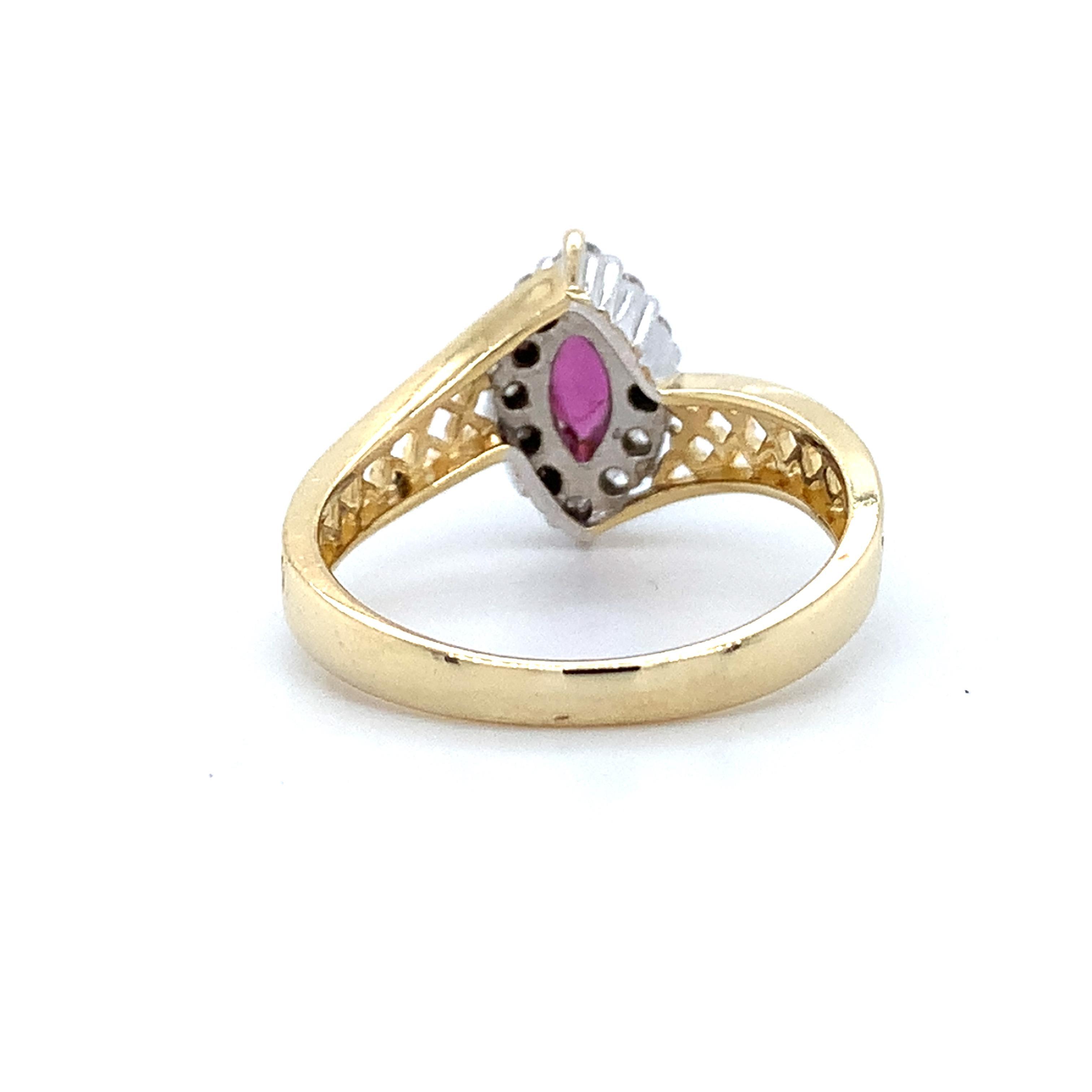 14K Yellow Gold Marquise Cut Ruby W/.24CTW Diamond Lattice Bypass Shanks Ring
