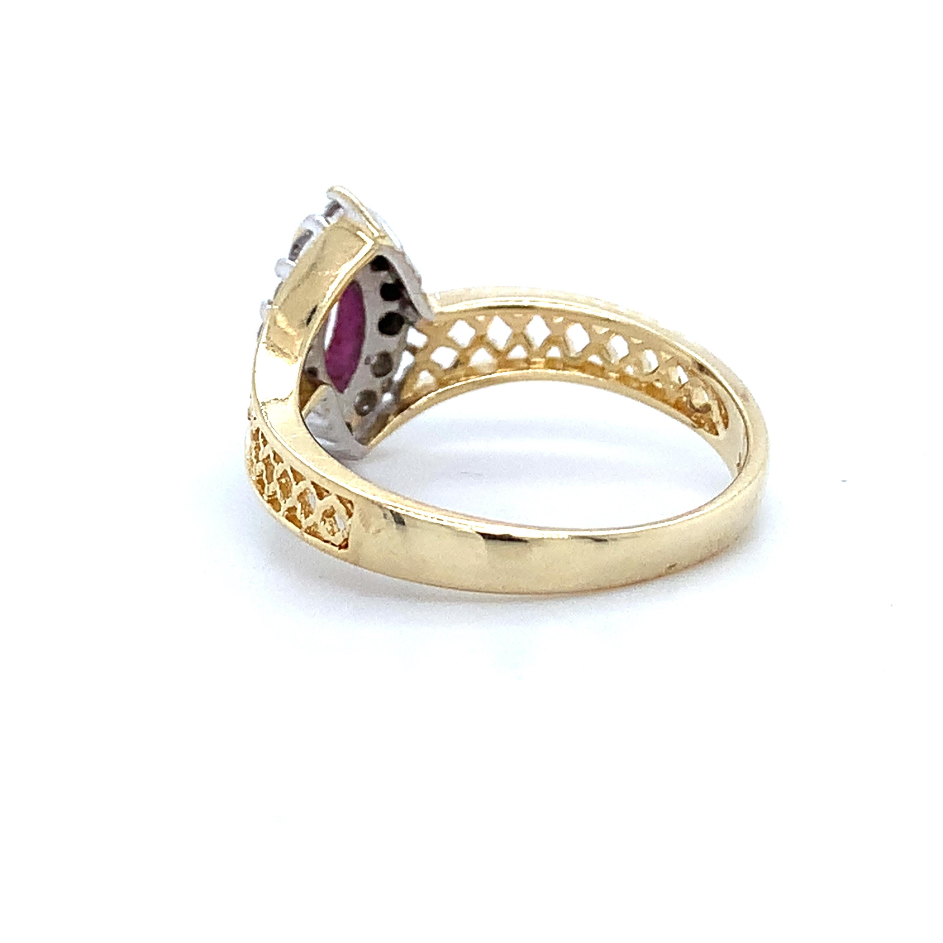 14K Yellow Gold Marquise Cut Ruby W/.24CTW Diamond Lattice Bypass Shanks Ring