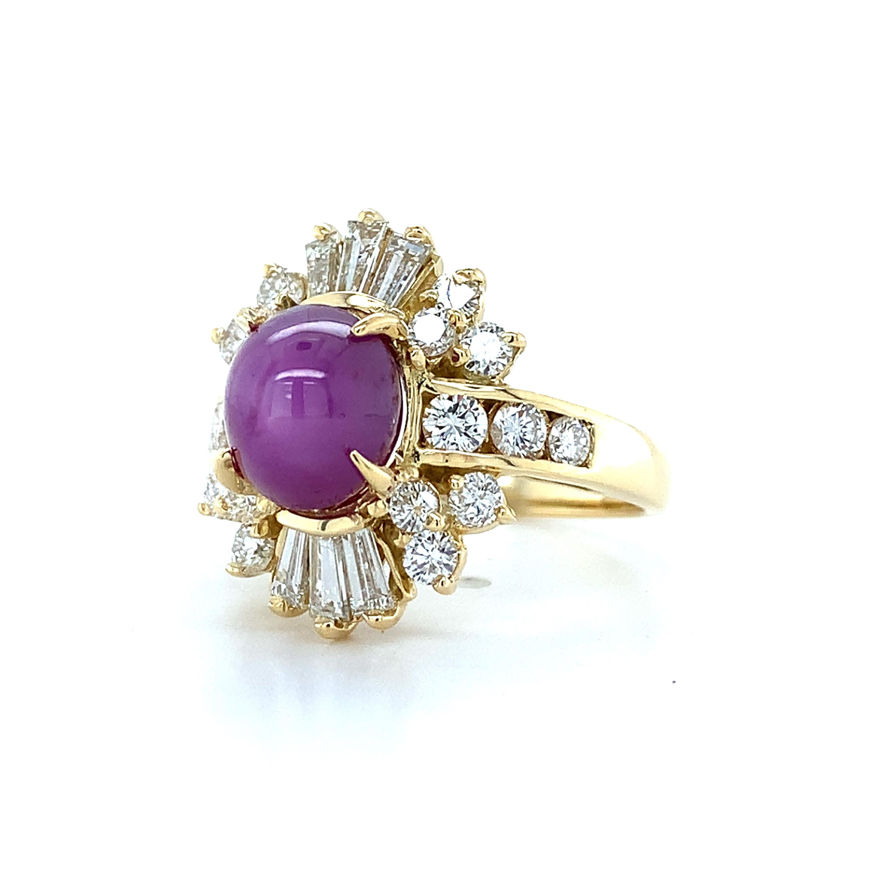 18K Yellow Gold Sugarloaf Star Ruby W/ Baguette & Round Diamond Ballerina Ring