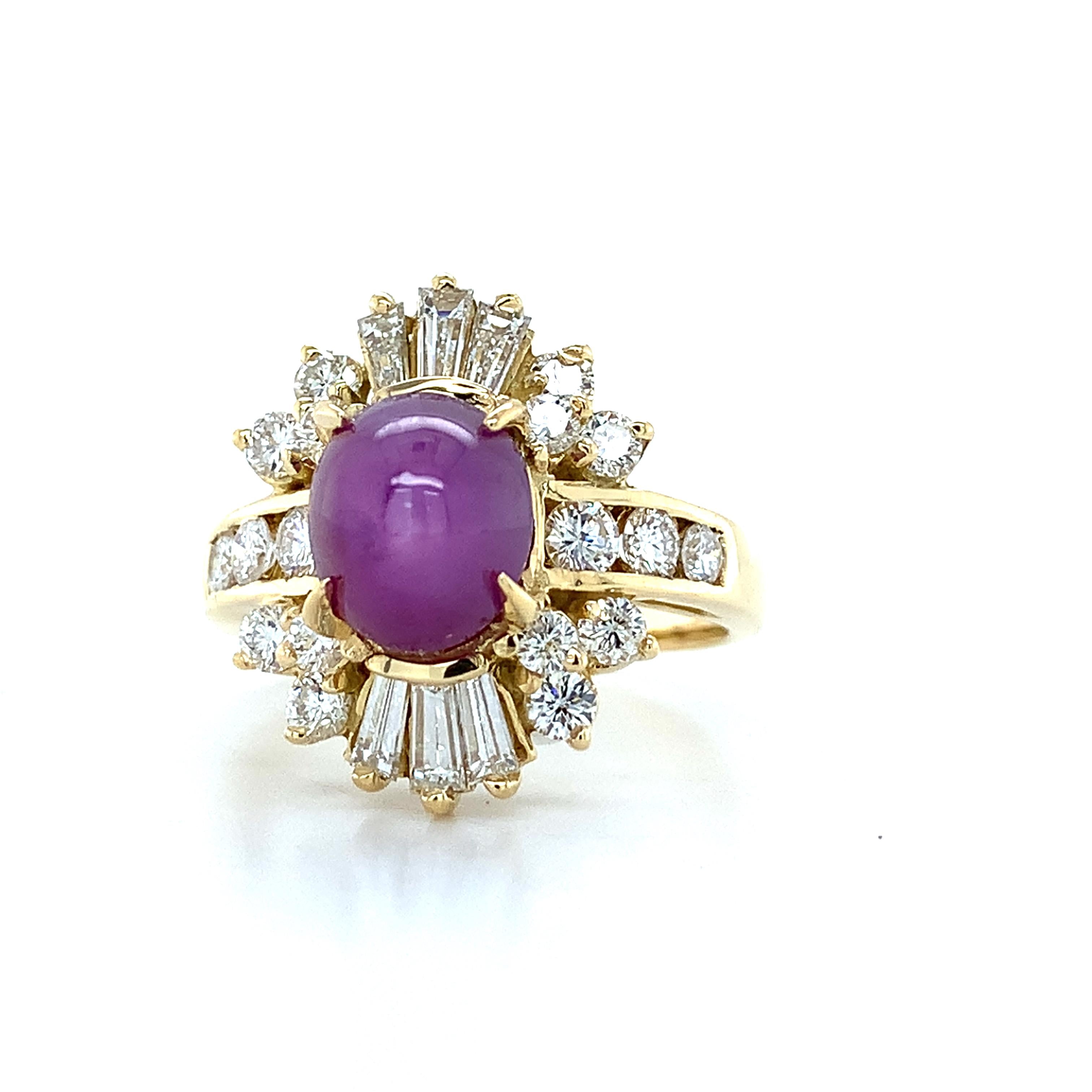 18K Yellow Gold Sugarloaf Star Ruby W/ Baguette & Round Diamond Ballerina Ring