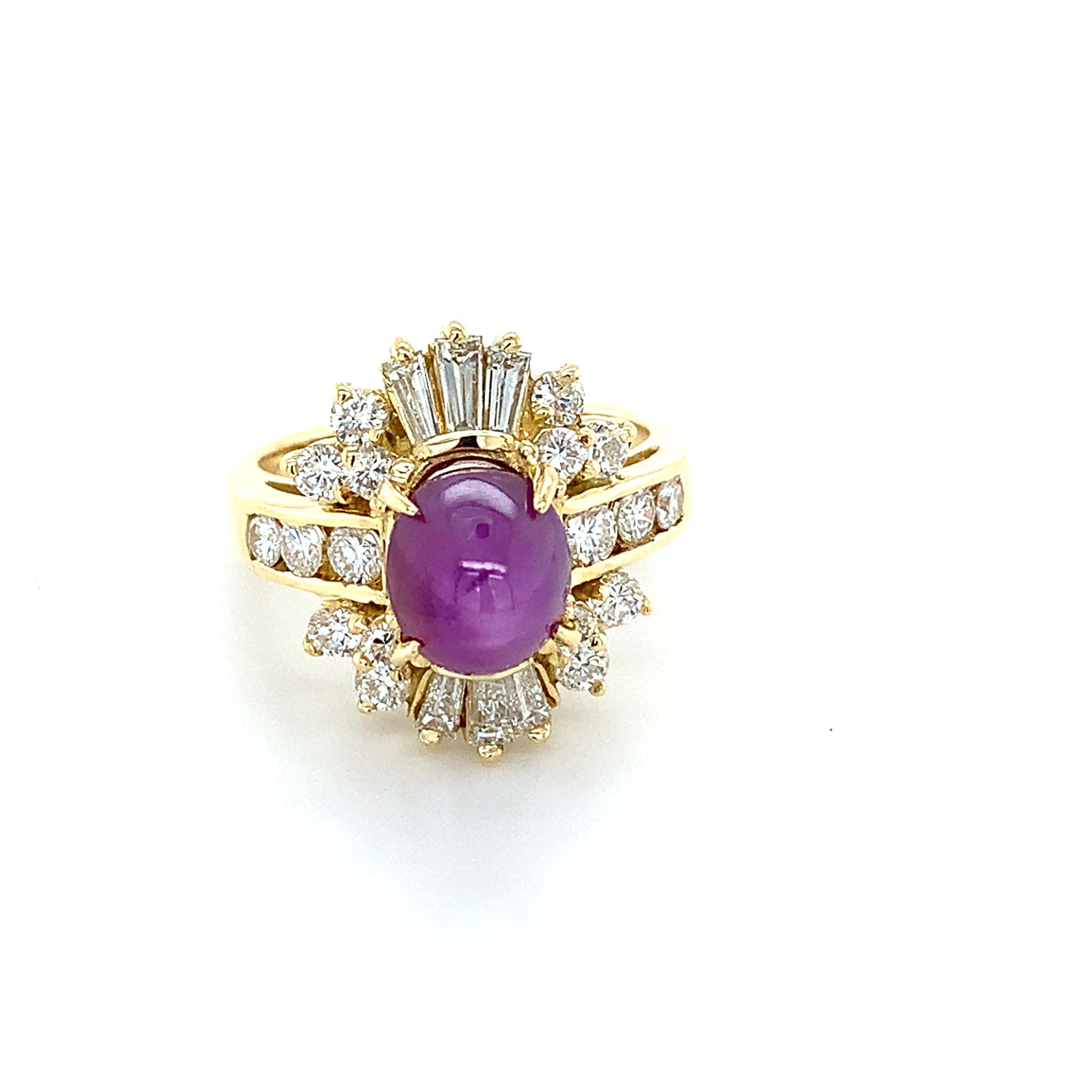 18K Yellow Gold Sugarloaf Star Ruby W/ Baguette & Round Diamond Ballerina Ring