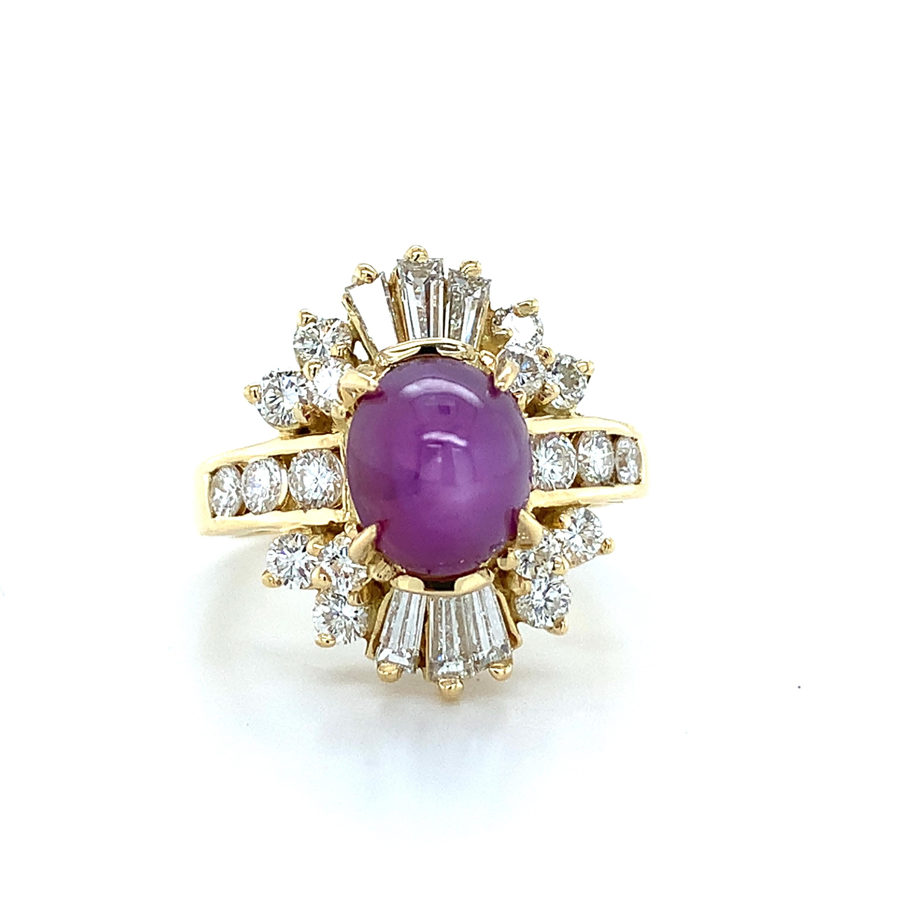 18K Yellow Gold Sugarloaf Star Ruby W/ Baguette & Round Diamond Ballerina Ring
