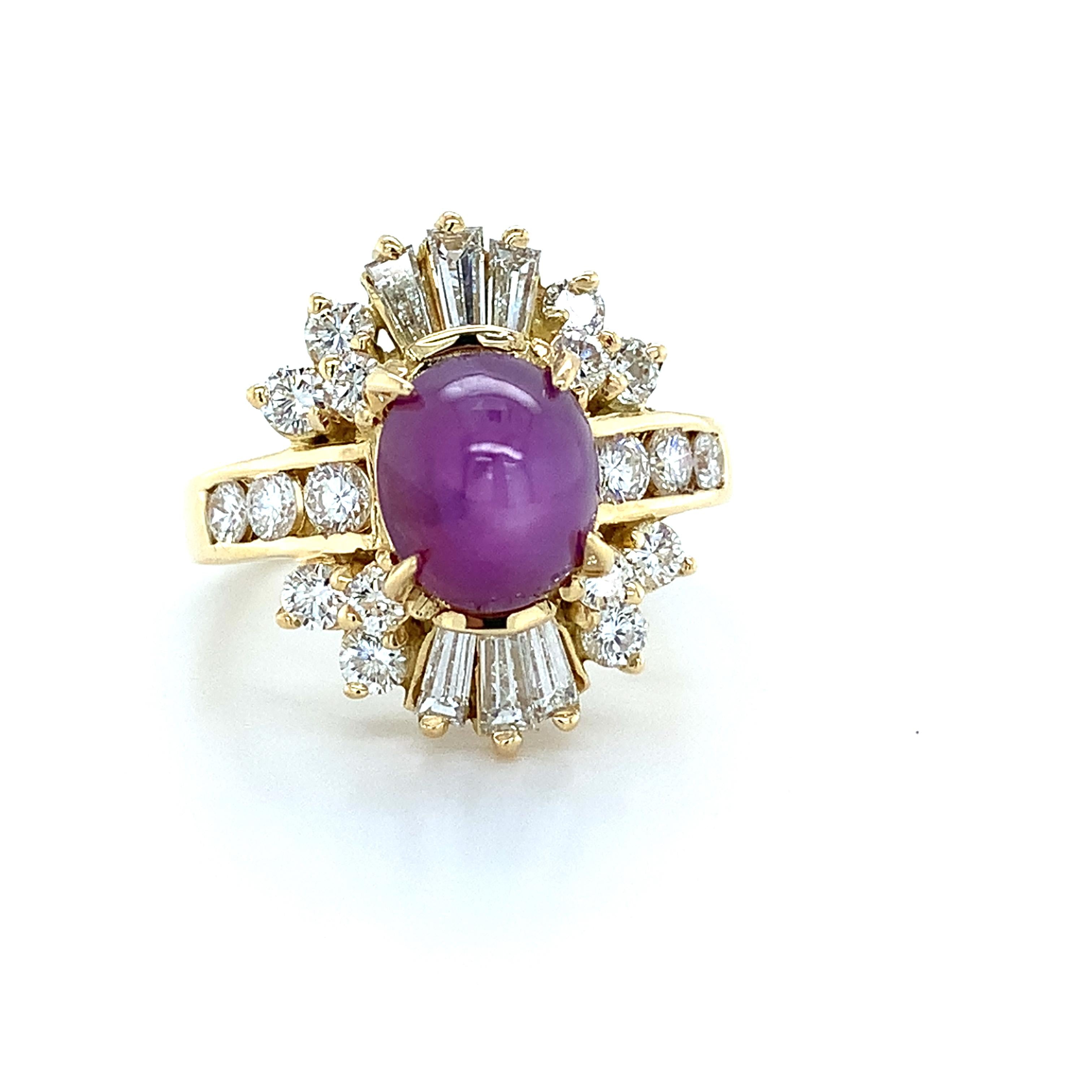 18K Yellow Gold Sugarloaf Star Ruby W/ Baguette & Round Diamond Ballerina Ring