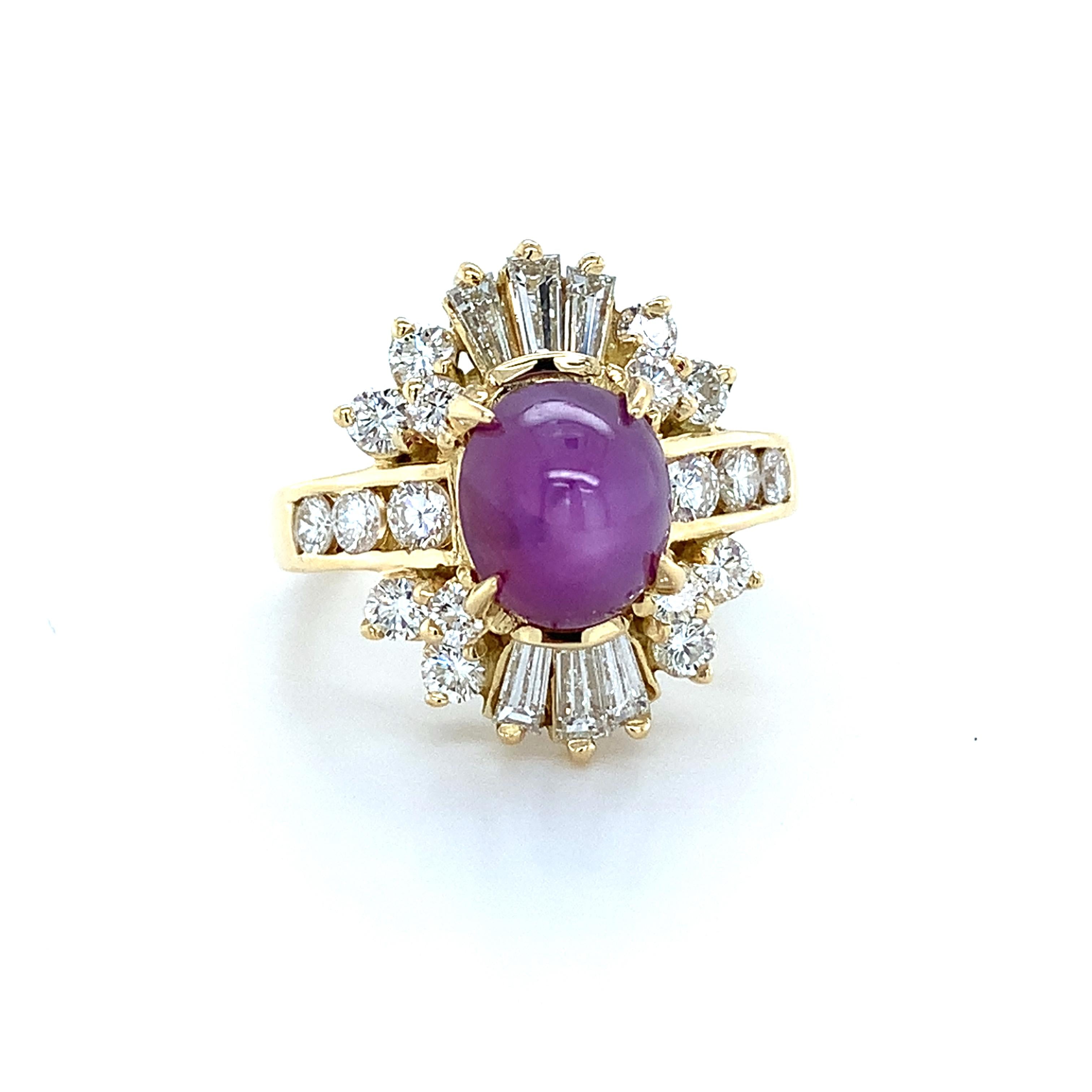 18K Yellow Gold Sugarloaf Star Ruby W/ Baguette & Round Diamond Ballerina Ring